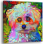 Vibrant colorful abstract Westie dog wall art with intricate geometric and mosaic patterns on square canvas in bold hues
