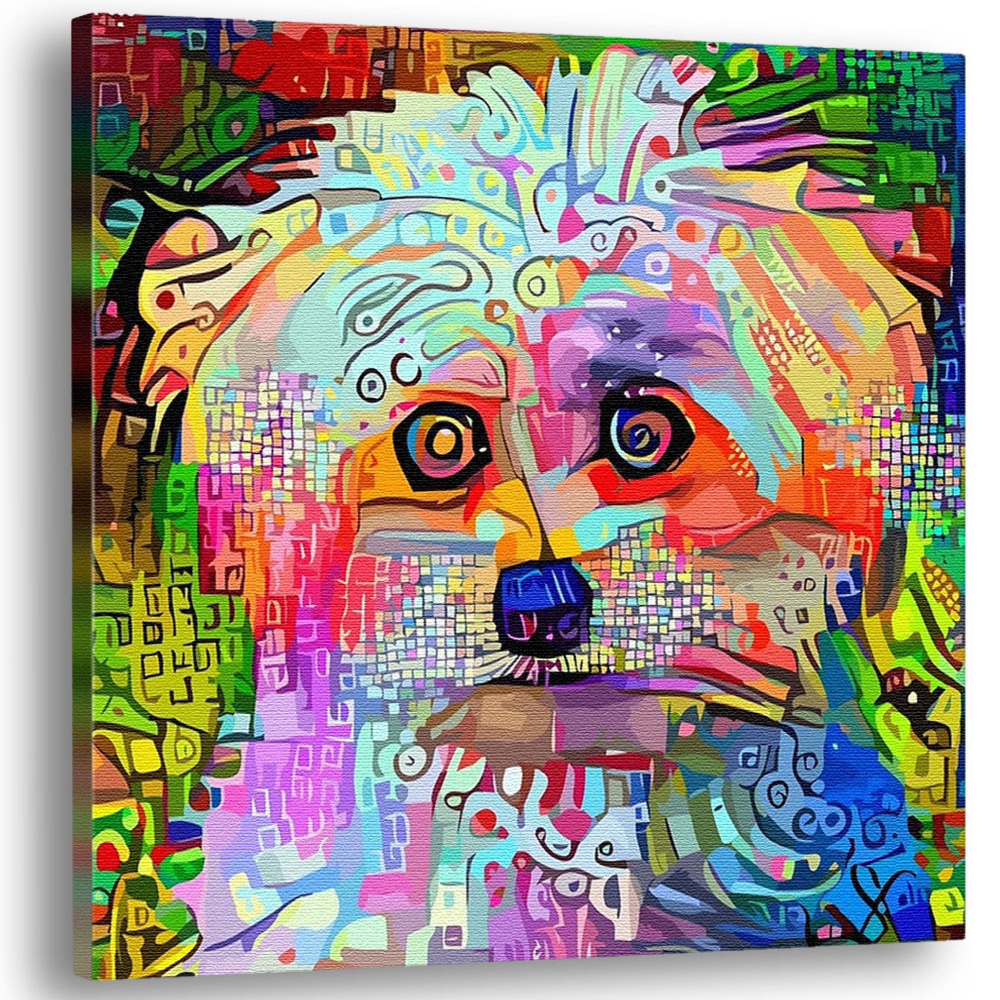 Vibrant colorful abstract Westie dog wall art with intricate geometric and mosaic patterns on square canvas in bold hues