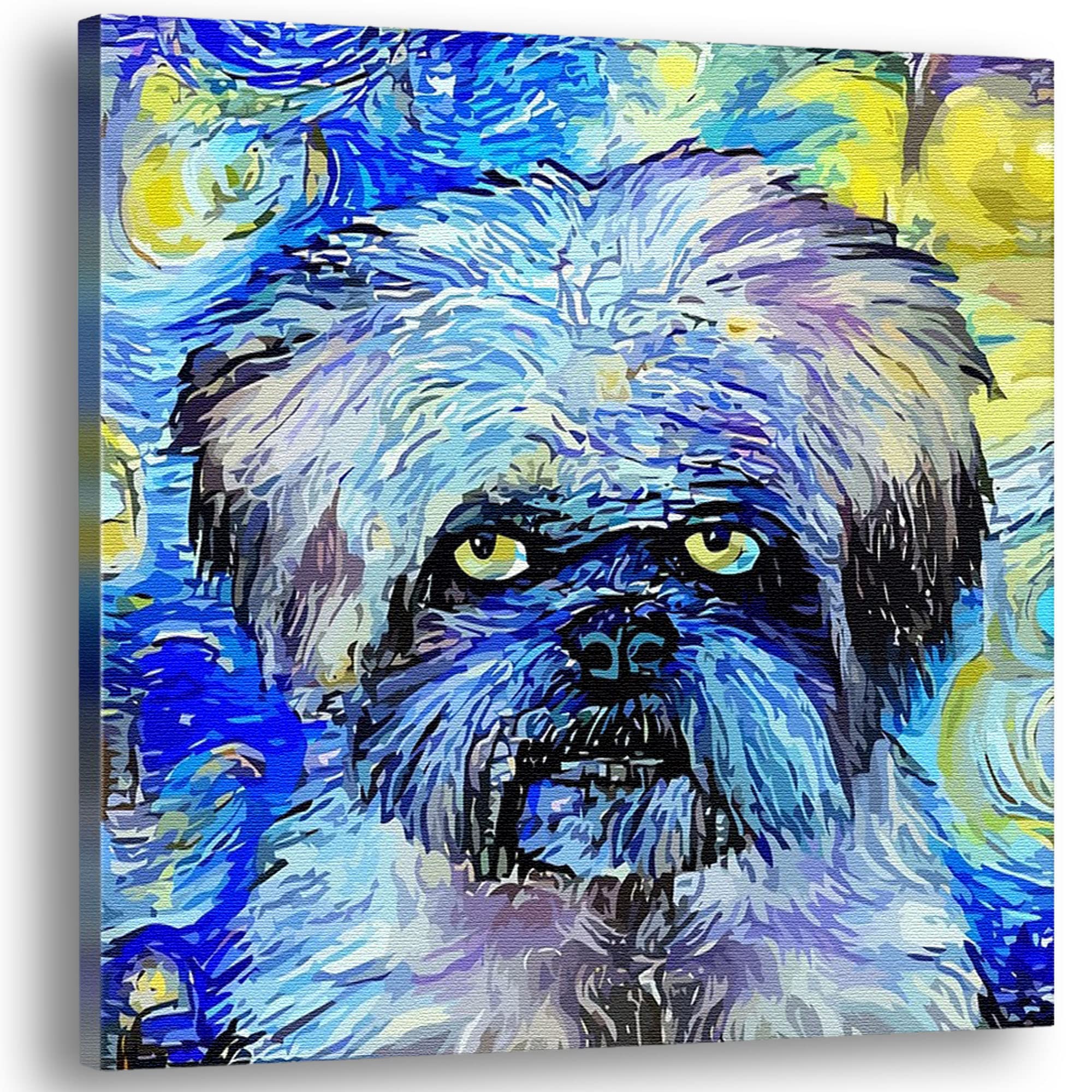Abstract blue Shih Tzu dog art with swirling vibrant blue and yellow patterns on square canvas with starry background