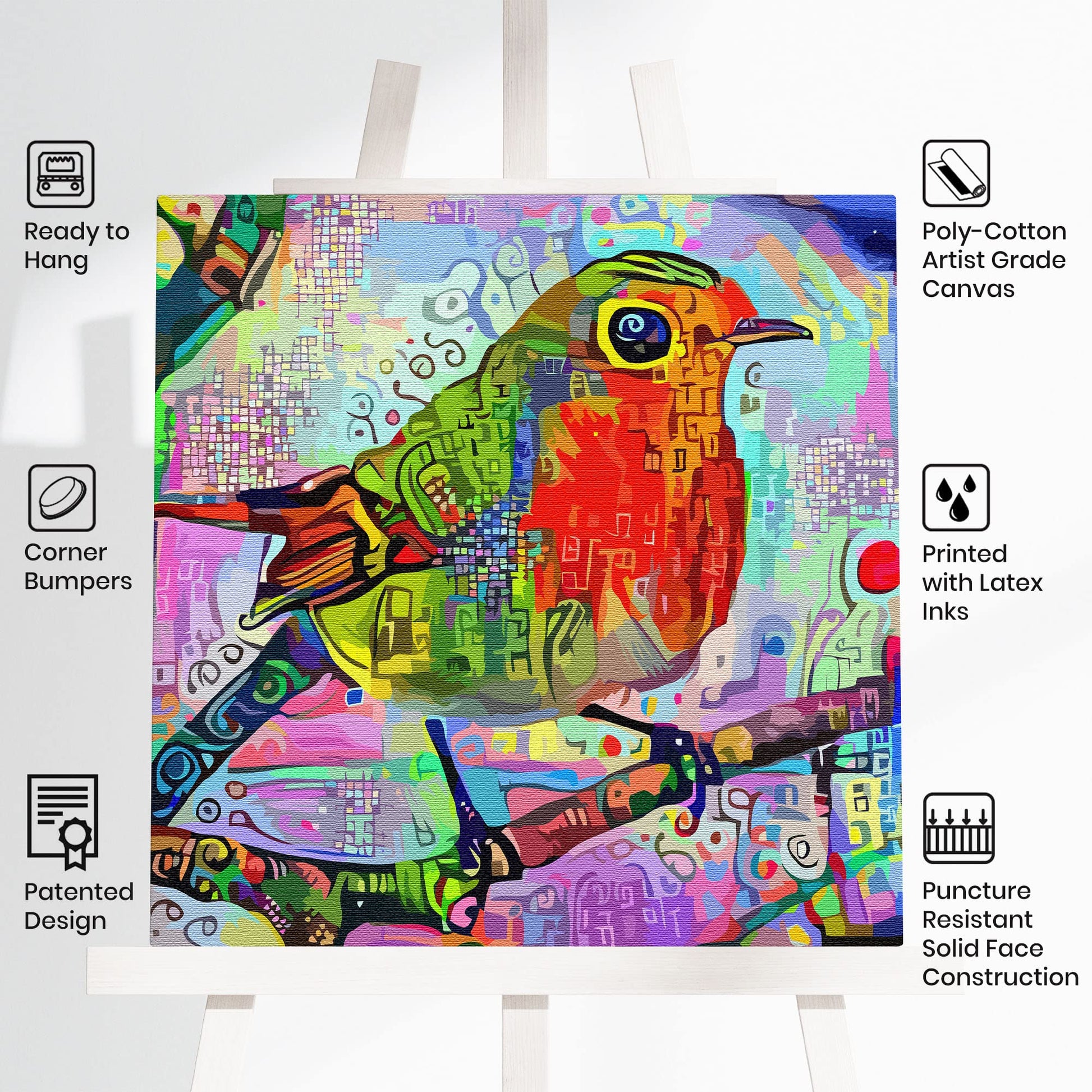 Abstract red robin with vibrant colorful geometric and digital patterns on square canvas wall art on easel