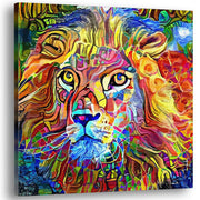 Colorful vibrant abstract king of the jungle lion artwork on square canvas with bold patterns and bright contrasting colors