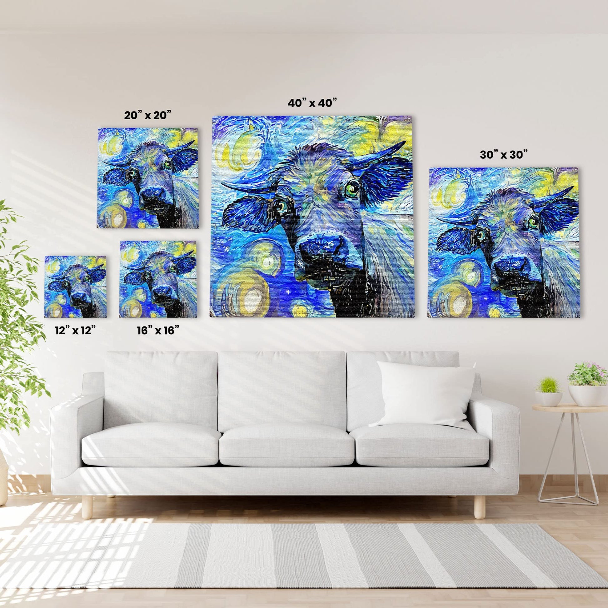 Blue abstract cow painting with vibrant swirling brushstrokes displayed in five sizes above sofa in modern living room