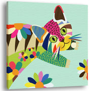 Colorful cute cat kitten wall art with vibrant multicolor geometric patterns and bold lines on light turquoise canvas