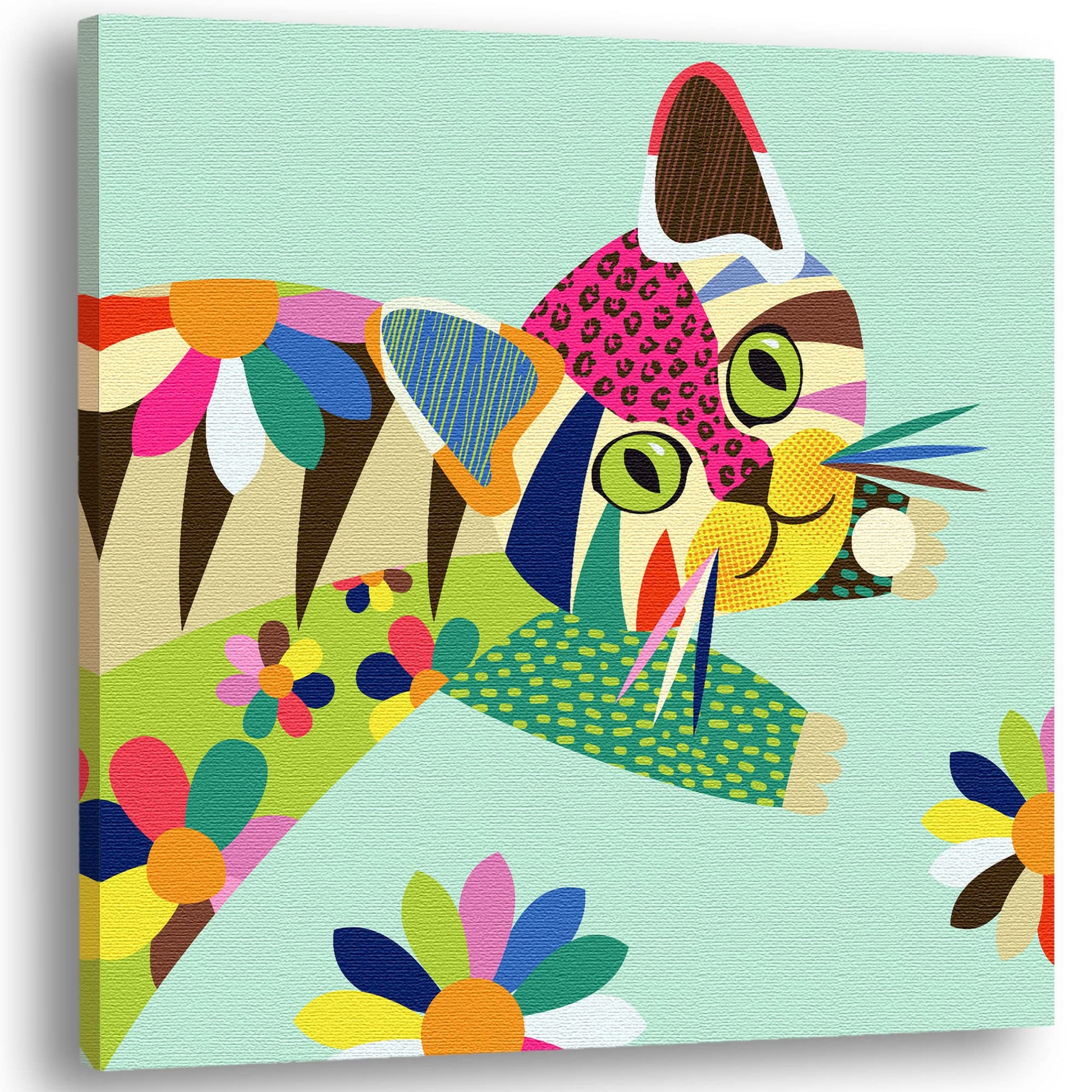 Colorful cute cat kitten wall art with vibrant multicolor geometric patterns and bold lines on light turquoise canvas