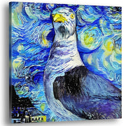 Blue abstract seagull with swirling vibrant starry night sky and dynamic brushstroke patterns on square canvas wall art