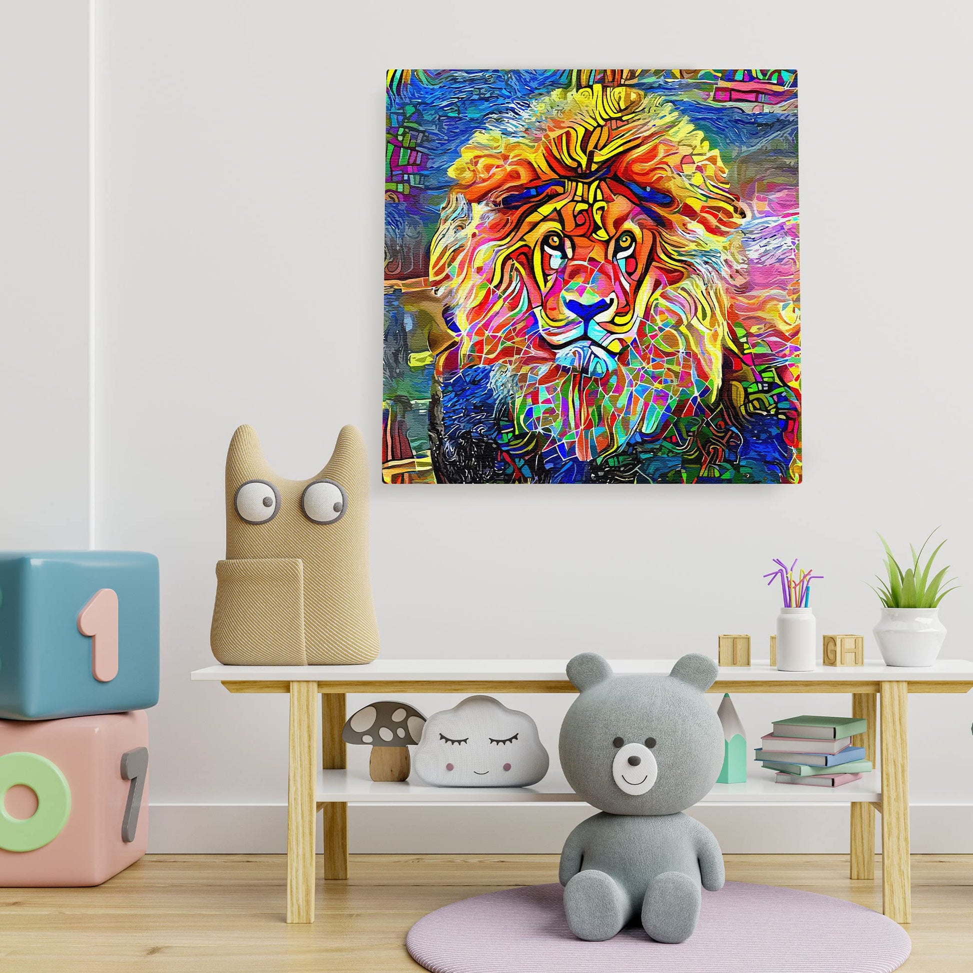 Vibrant colorful lion wall art with abstract geometric patterns on textured canvas displayed in modern kids playroom setting