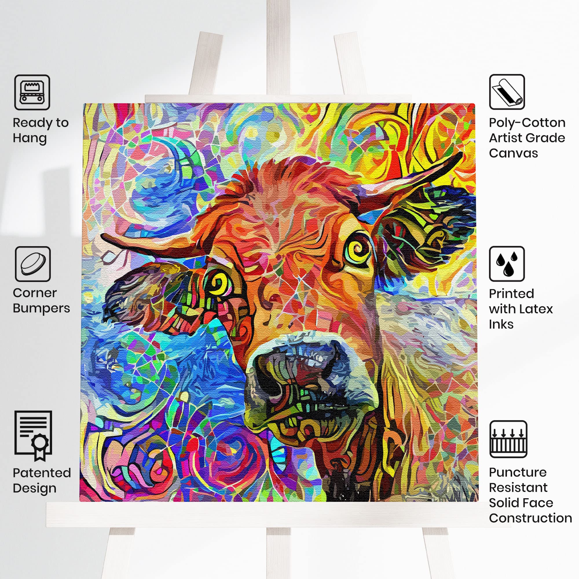 Colorful abstract cow painting with vibrant swirling patterns on square canvas displayed on white easel