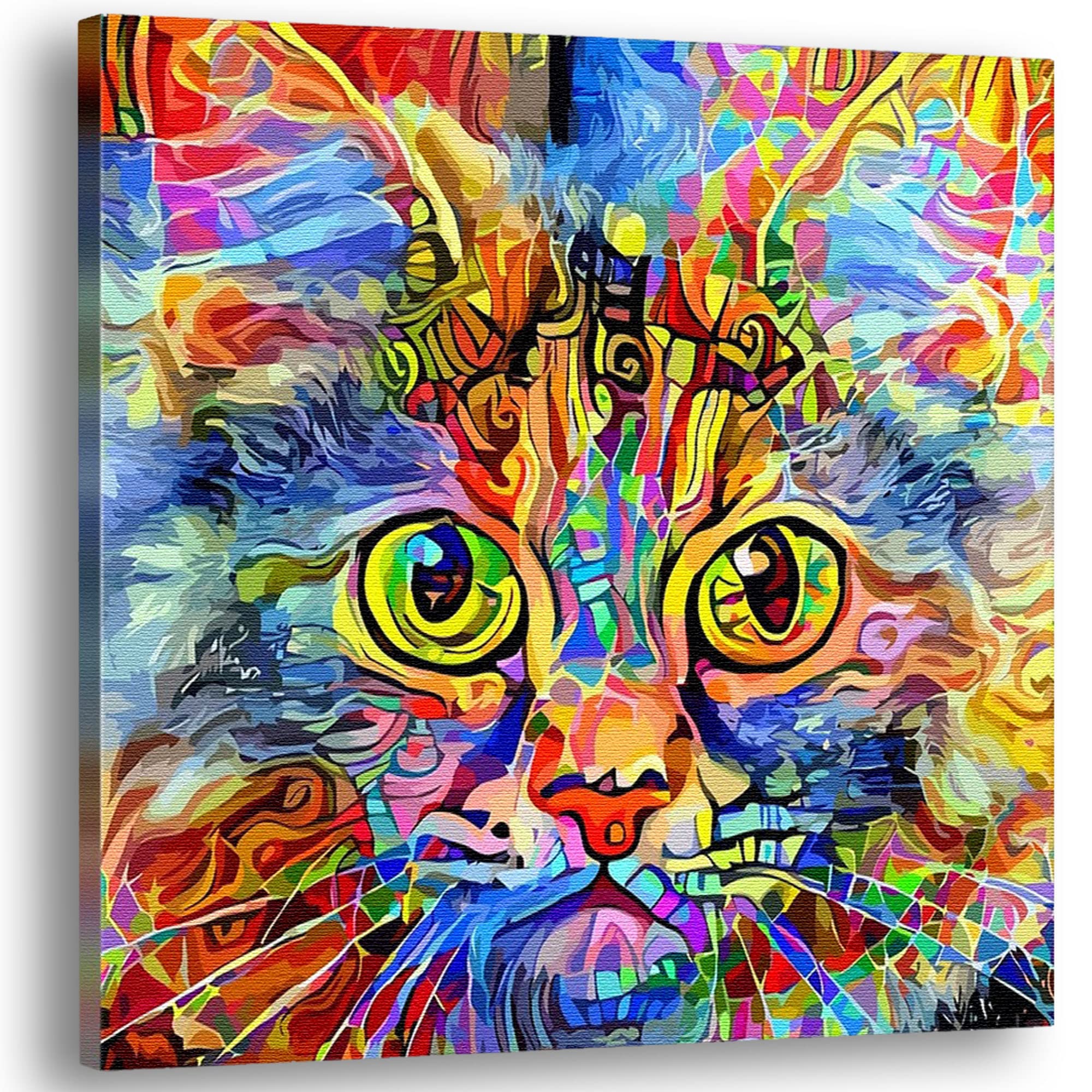 Bright cat art canvas with vivid multicolor abstract patterns and large expressive yellow-green eyes on square canvas angled view