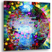 Colorful abstract disco ball wall art painting with vibrant geometric mosaic and pixel patterns on square canvas