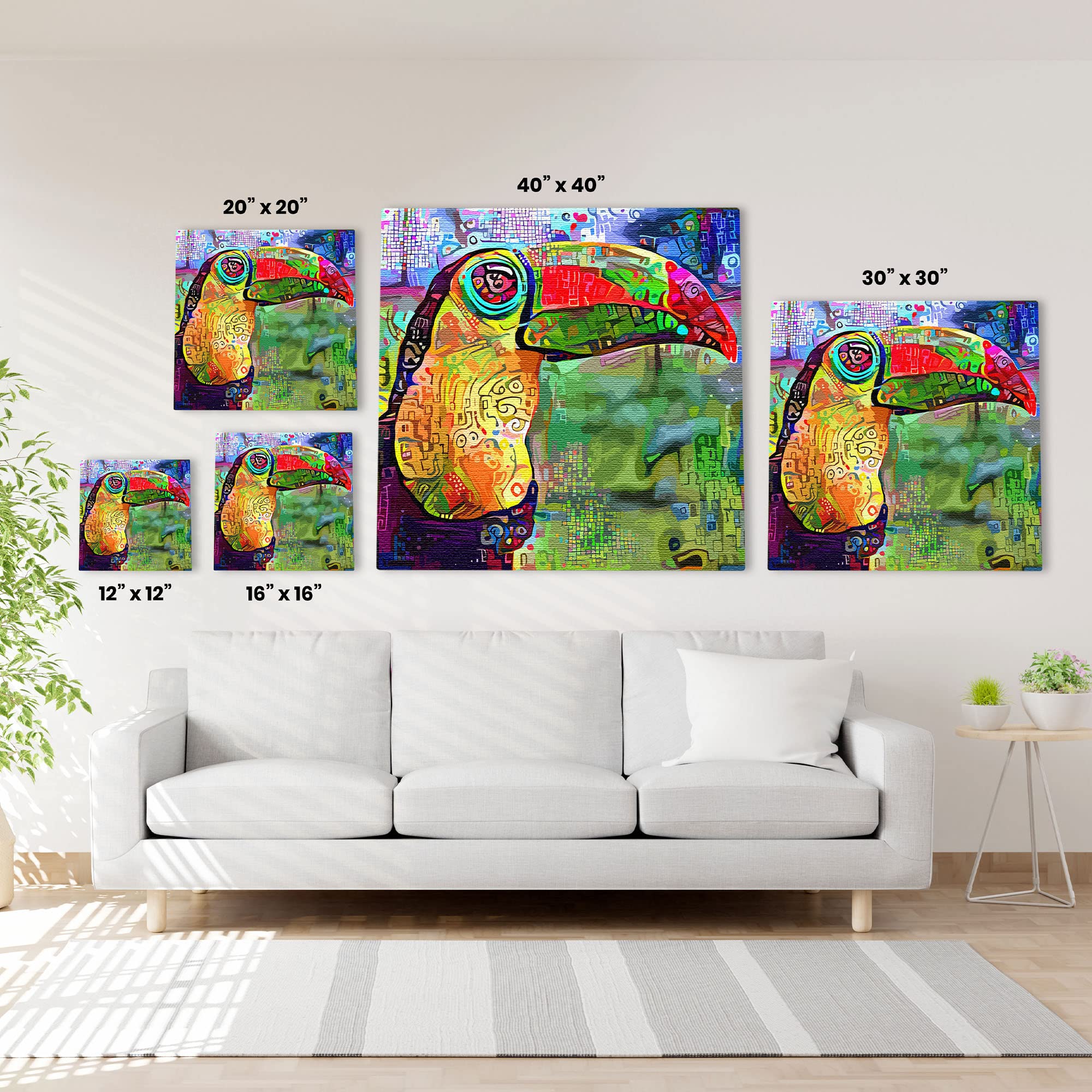 Colorful abstract toucan from the rainforest with vibrant geometric patterns on multicolor background printed in 5 sizes on square canvas above white sofa in living room