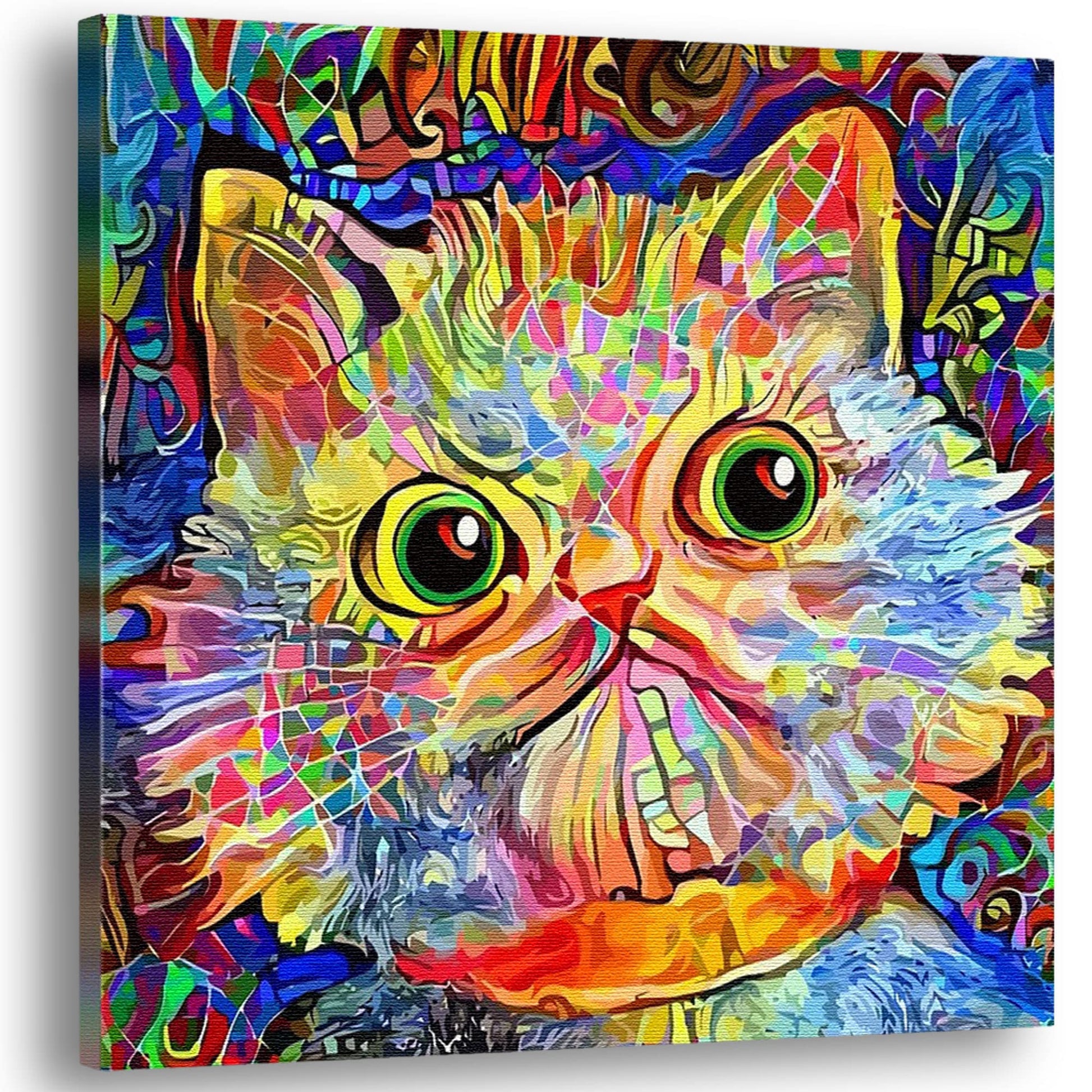 Colorful funny cat wall art with vibrant abstract mosaic patterns on square canvas against white background