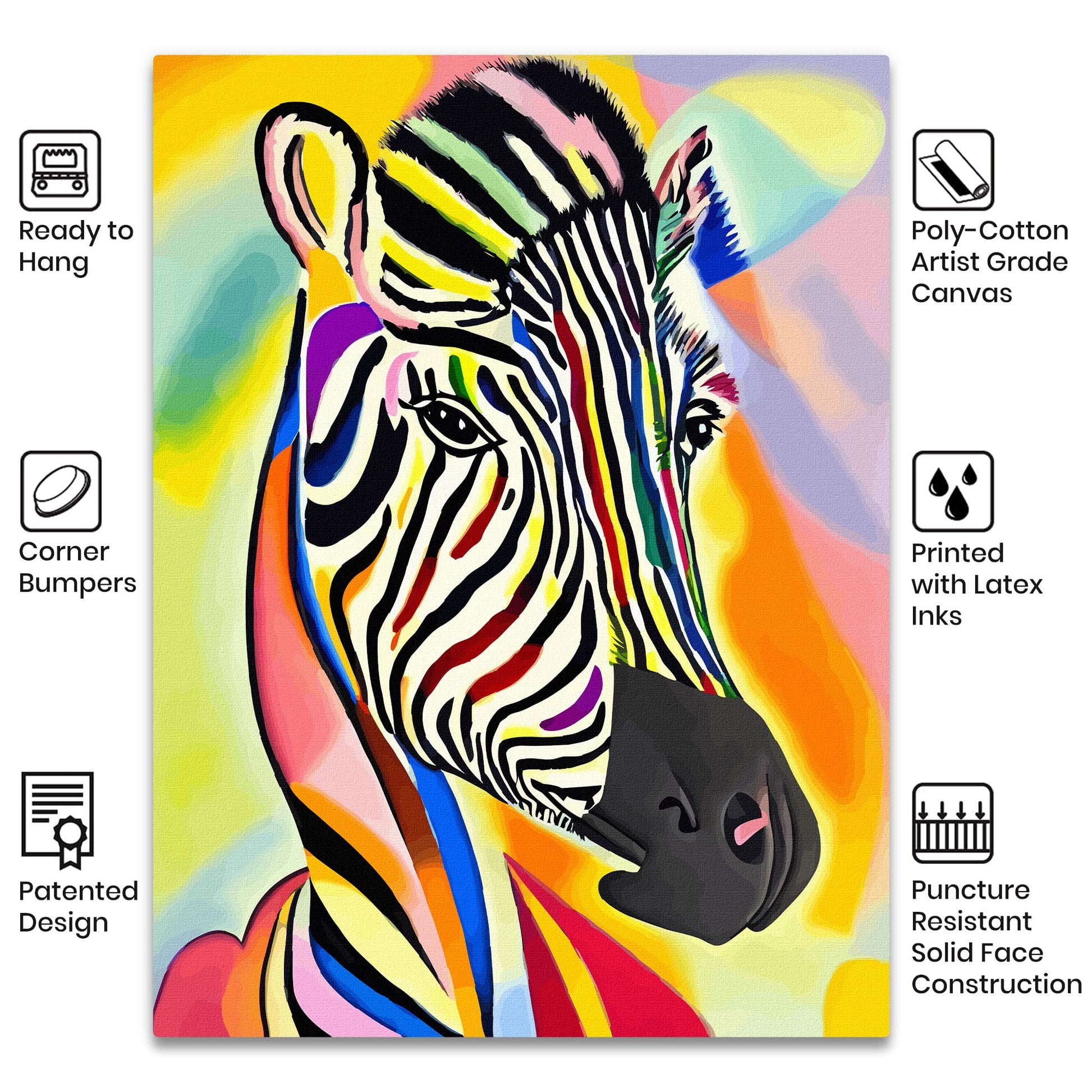 Colorful abstract zebra portrait with vibrant rainbow stripes printed on poly-cotton canvas ready to hang with corner bumpers