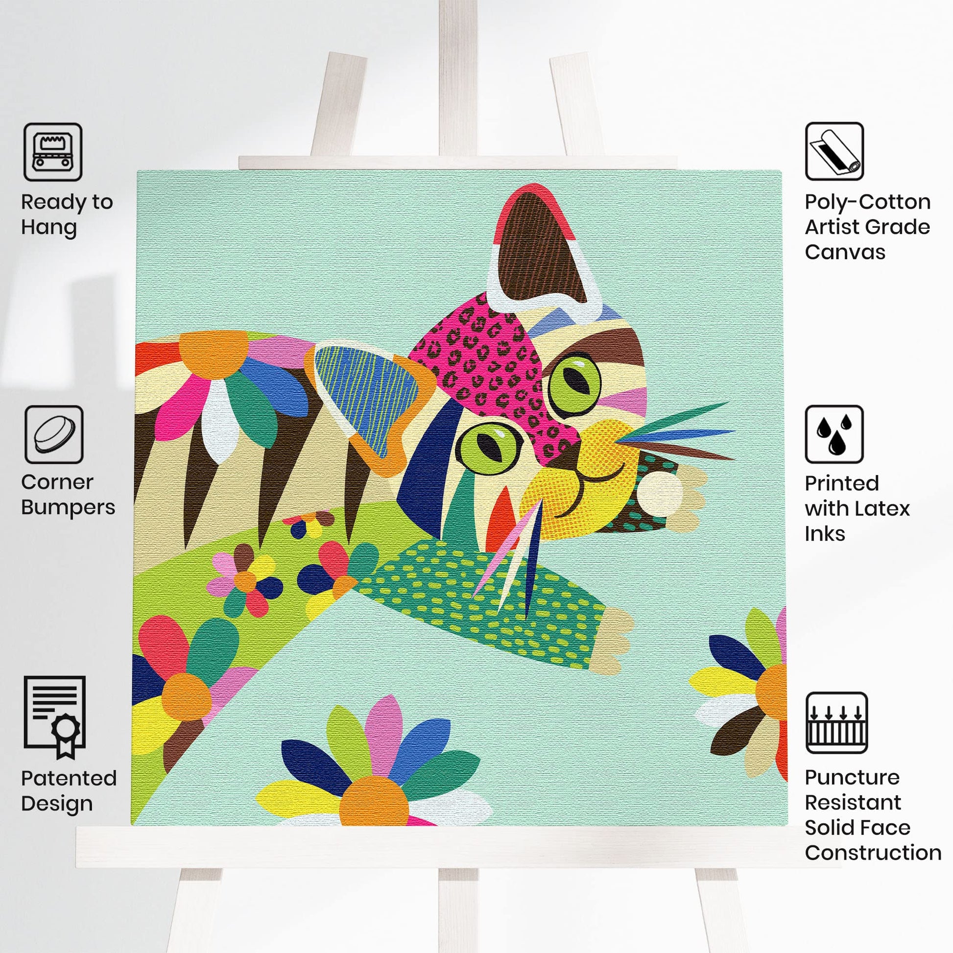 Colorful cute cat kitten wall art with vibrant multicolor geometric shapes and bold lines on light turquoise canvas