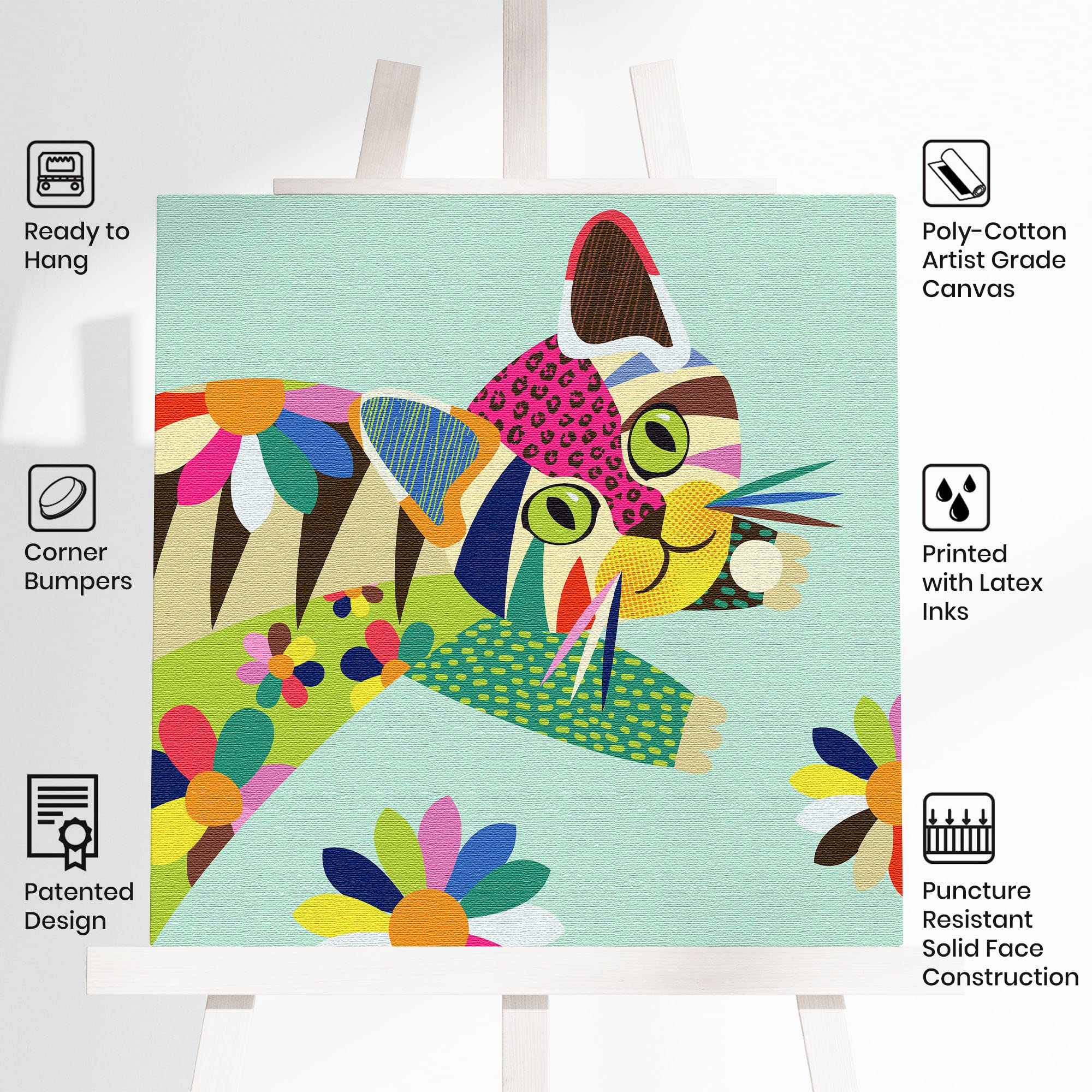 Colorful cute cat kitten wall art with vibrant multicolor geometric shapes and bold lines on light turquoise canvas
