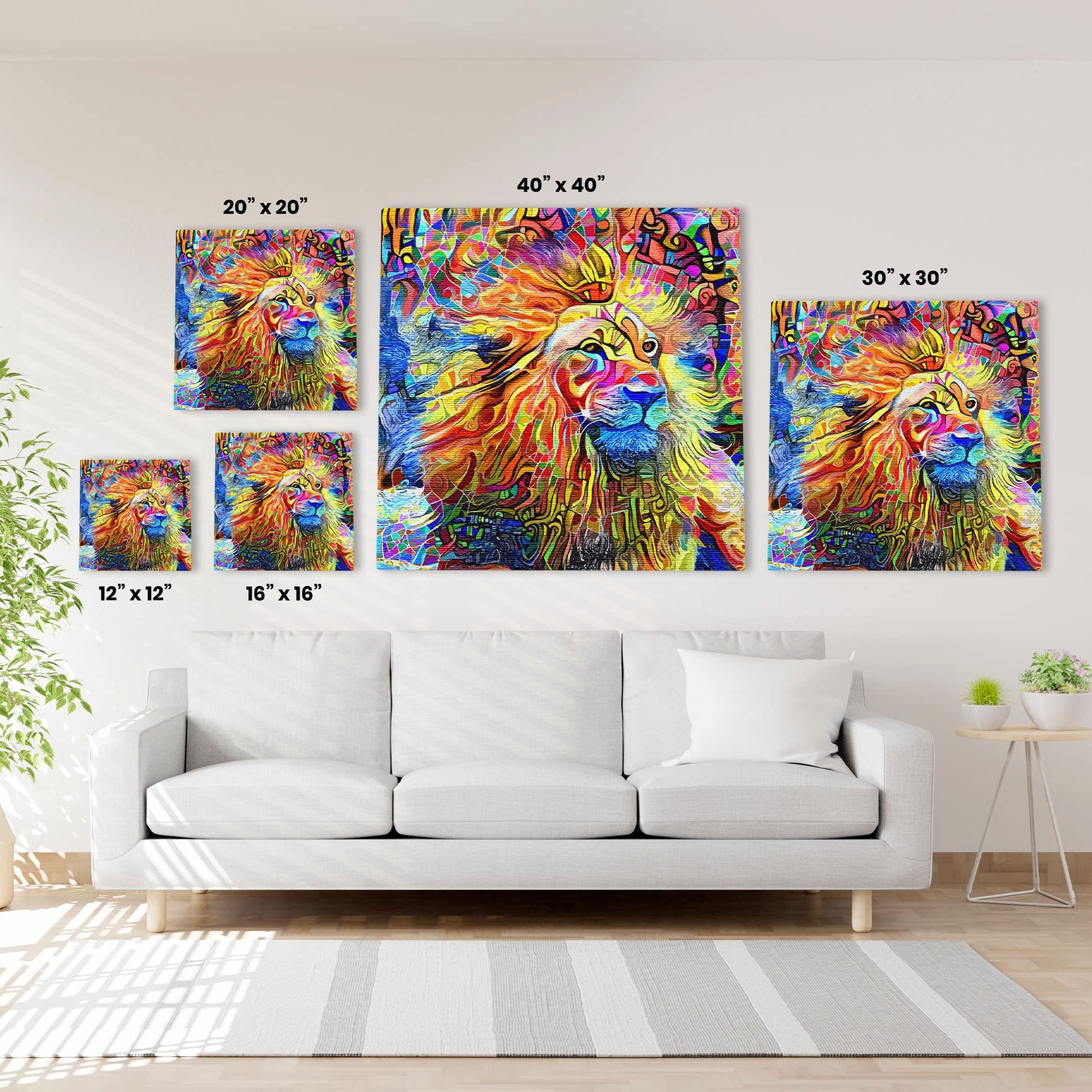 Vibrant colorful abstract lion artwork on multiple square canvases displayed on white living room wall above gray sofa