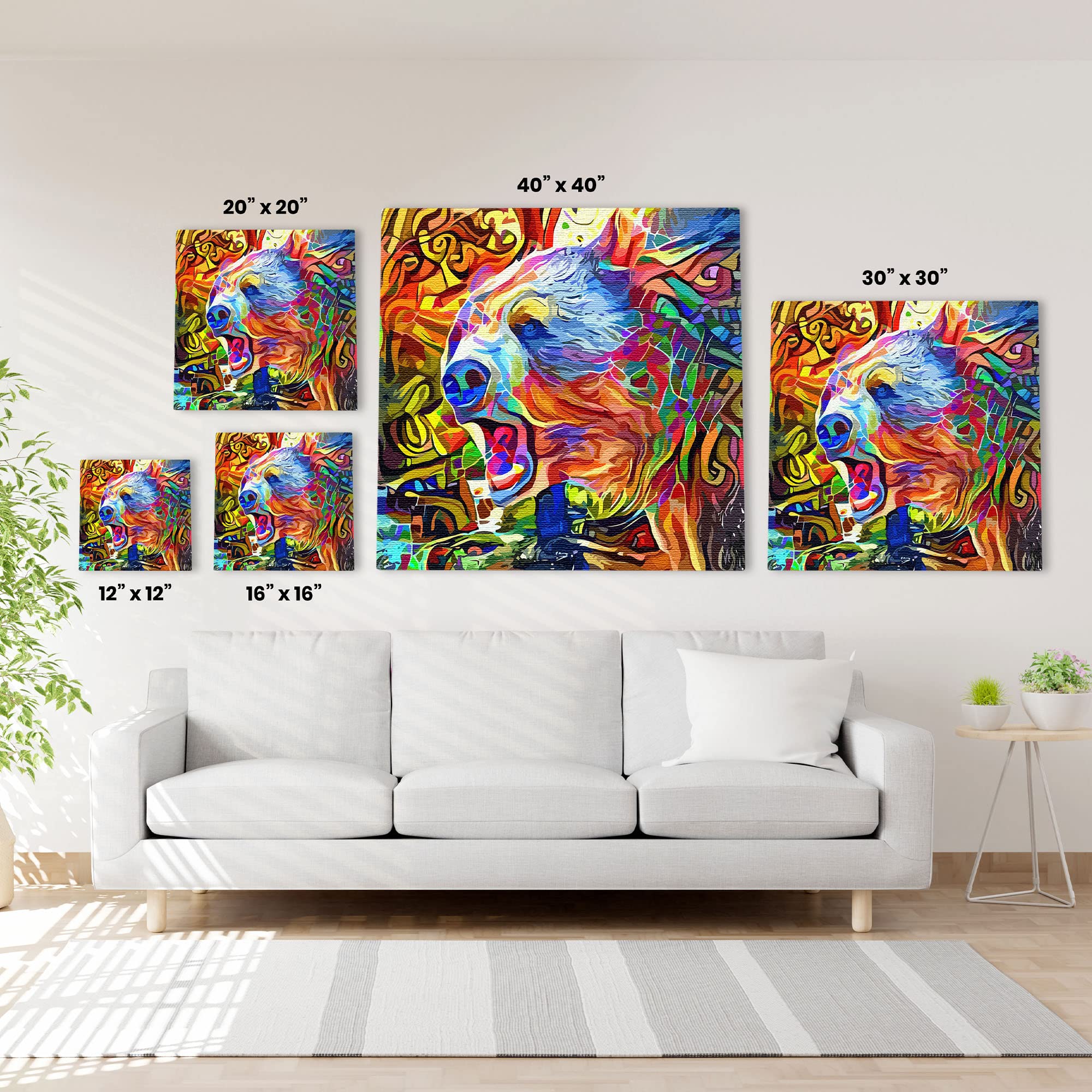 Colorful abstract grizzly brown bear artwork with vibrant blues, reds, yellows, and greens in swirling and geometric mosaic patterns