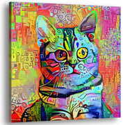 Colorful mosaic cat wall art with vivid geometric patterns and expressive eyes on square canvas with bright abstract background