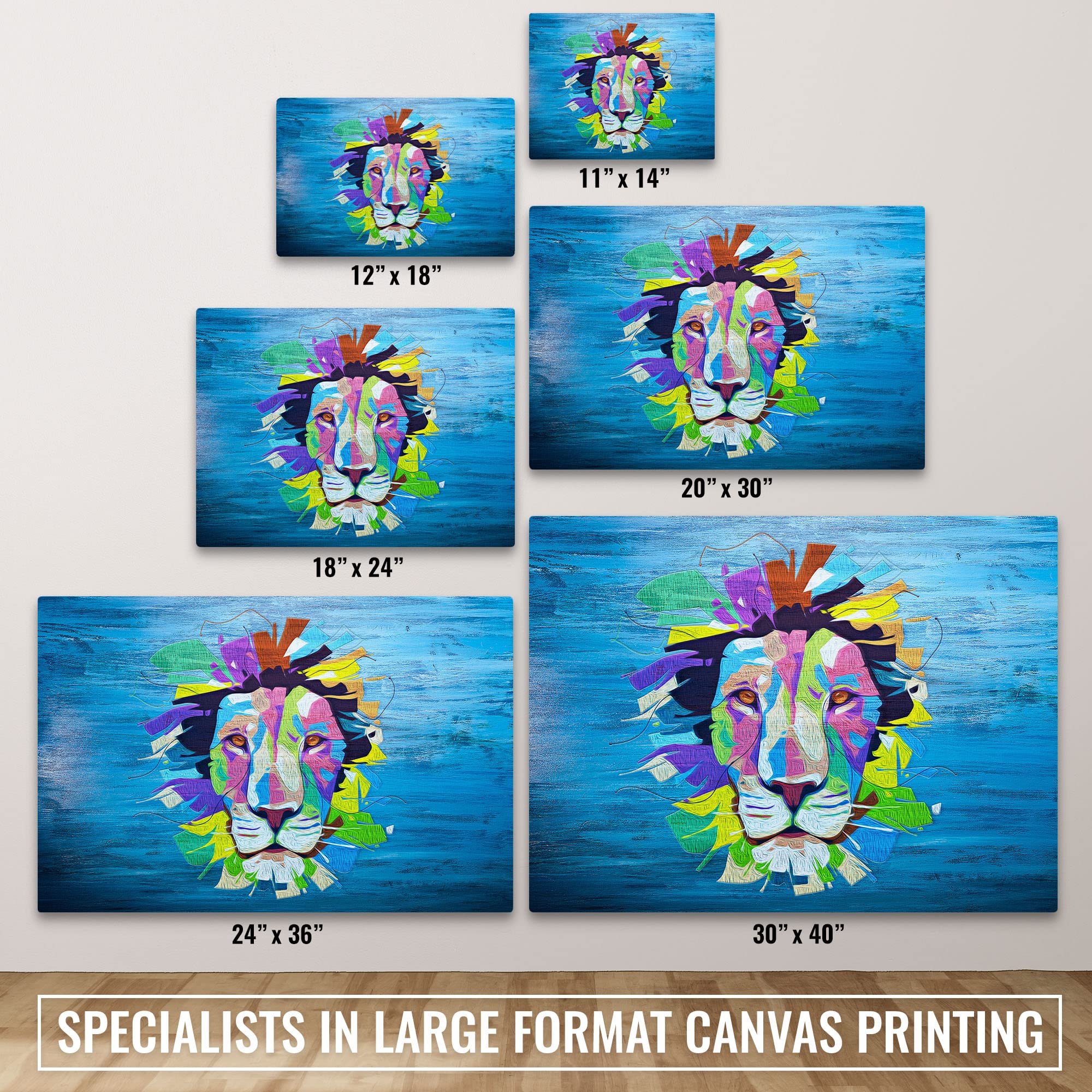 Vibrant pop art lion face artwork on blue textured canvas shown in six sizes with bold colorful abstract shapes