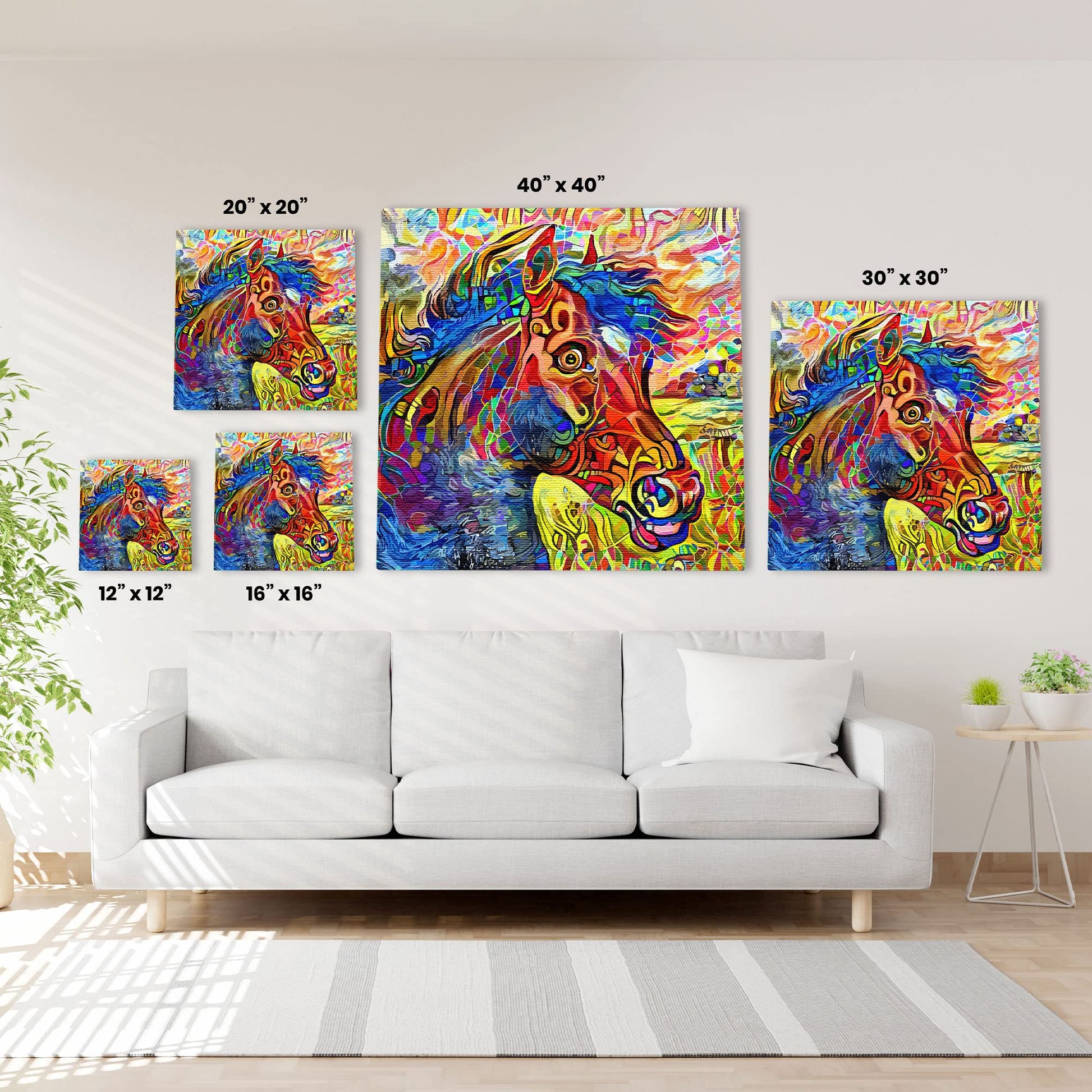 Colorful abstract horse art painting on textured canvas in vibrant modern minimalist living room wall decor setting