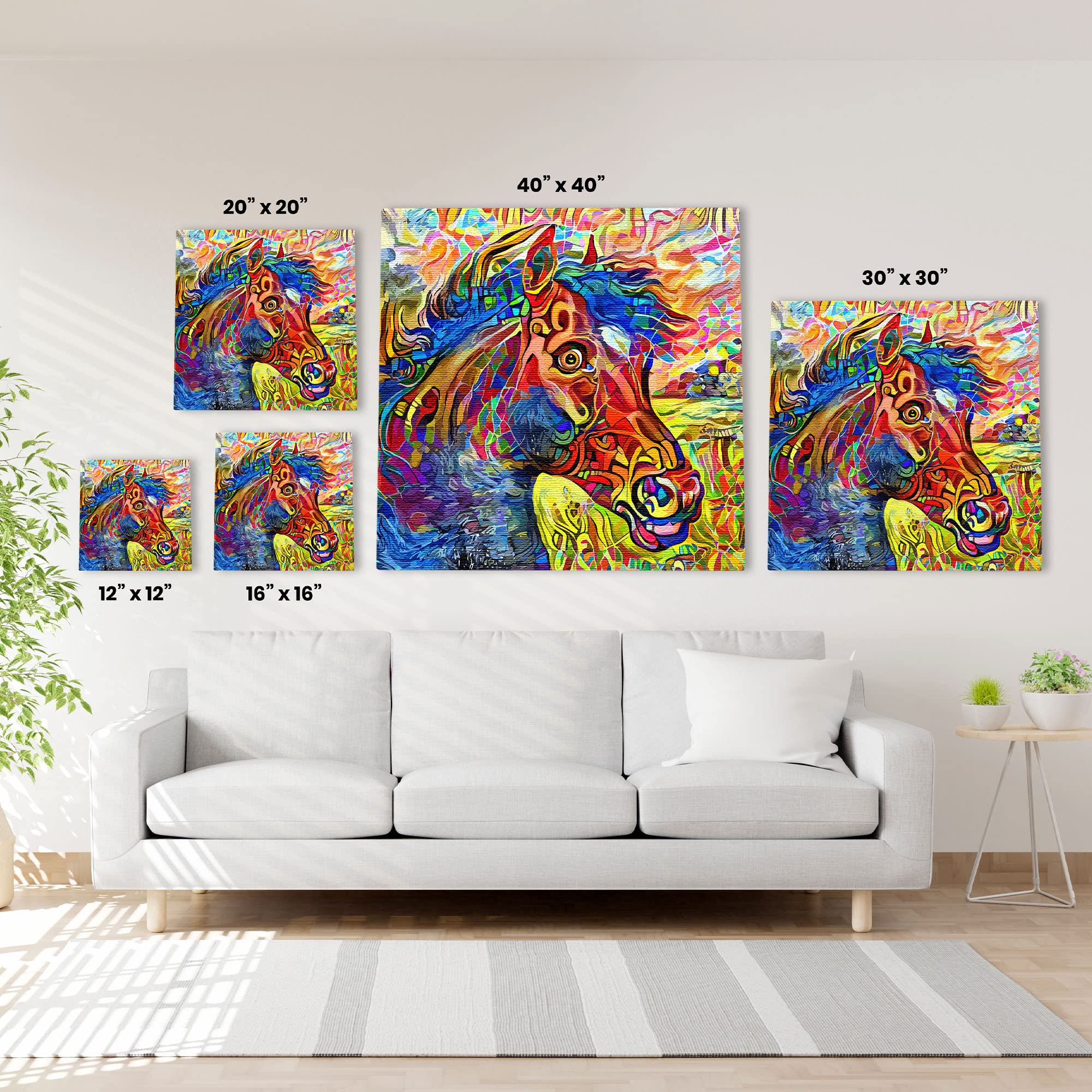 Colorful abstract horse art painting on textured canvas in vibrant modern minimalist living room wall decor setting