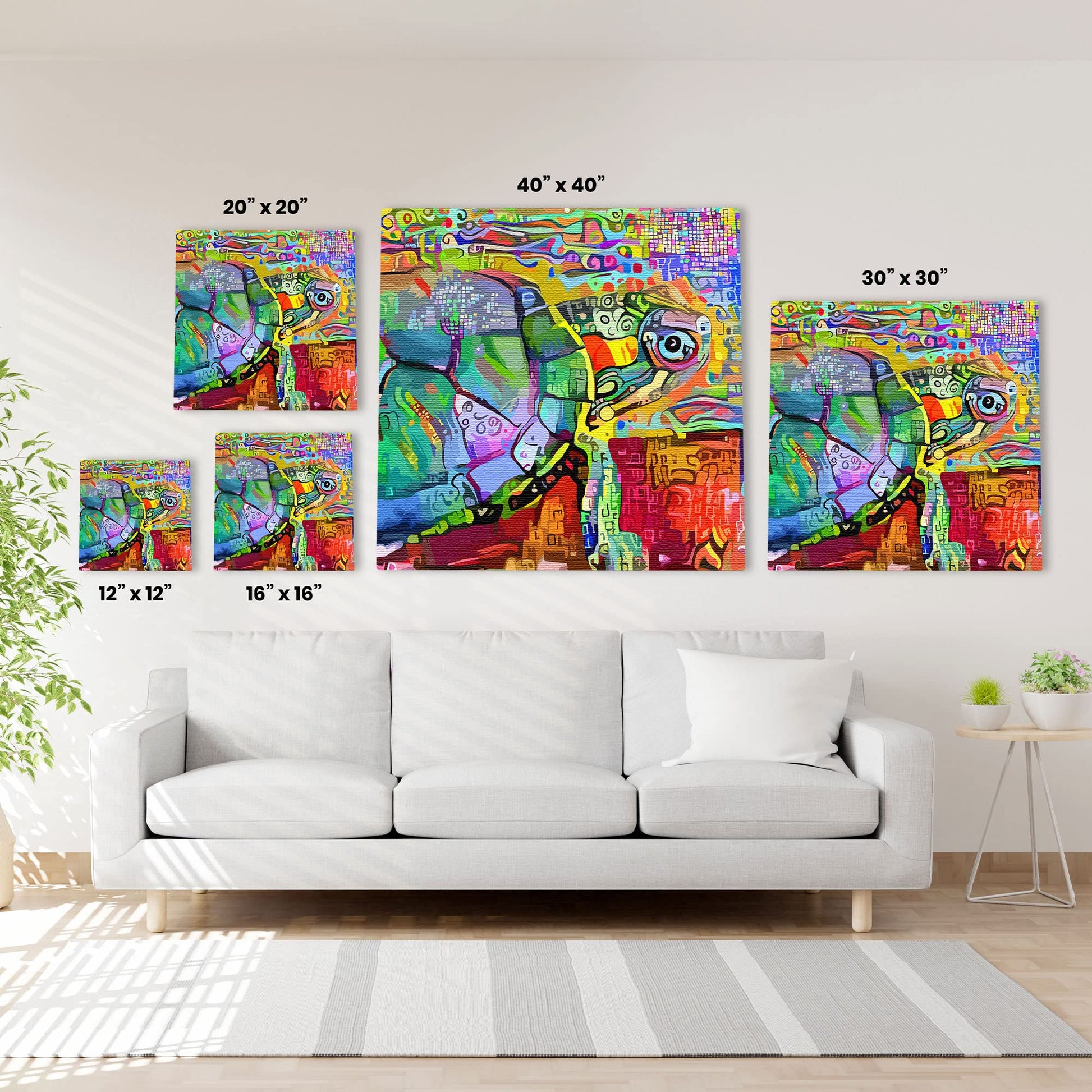 Colorful abstract sea turtle with vibrant geometric patterns on multicolor background printed on square canvas above white sofa