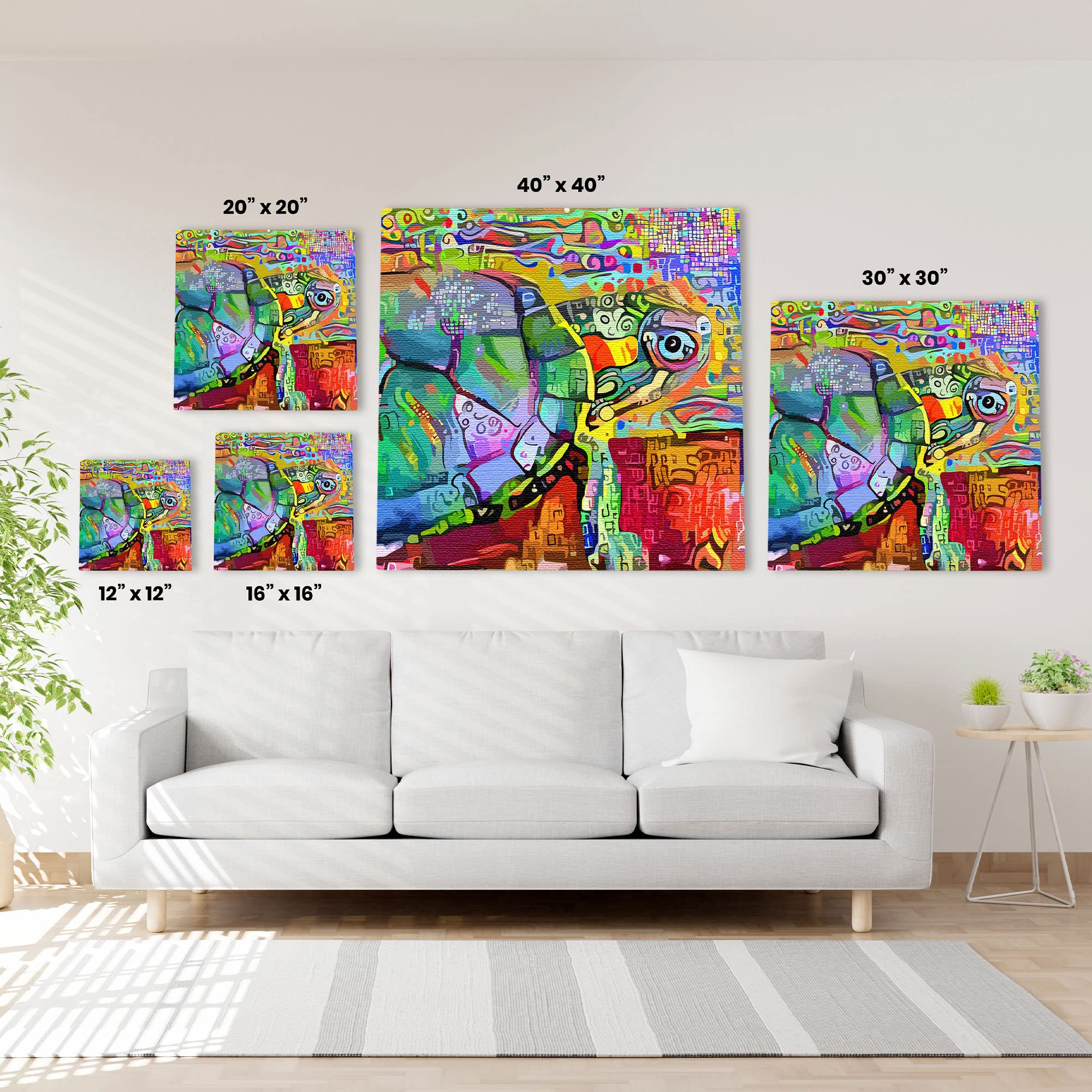 Colorful abstract sea turtle with vibrant geometric patterns on multicolor background printed on square canvas above white sofa