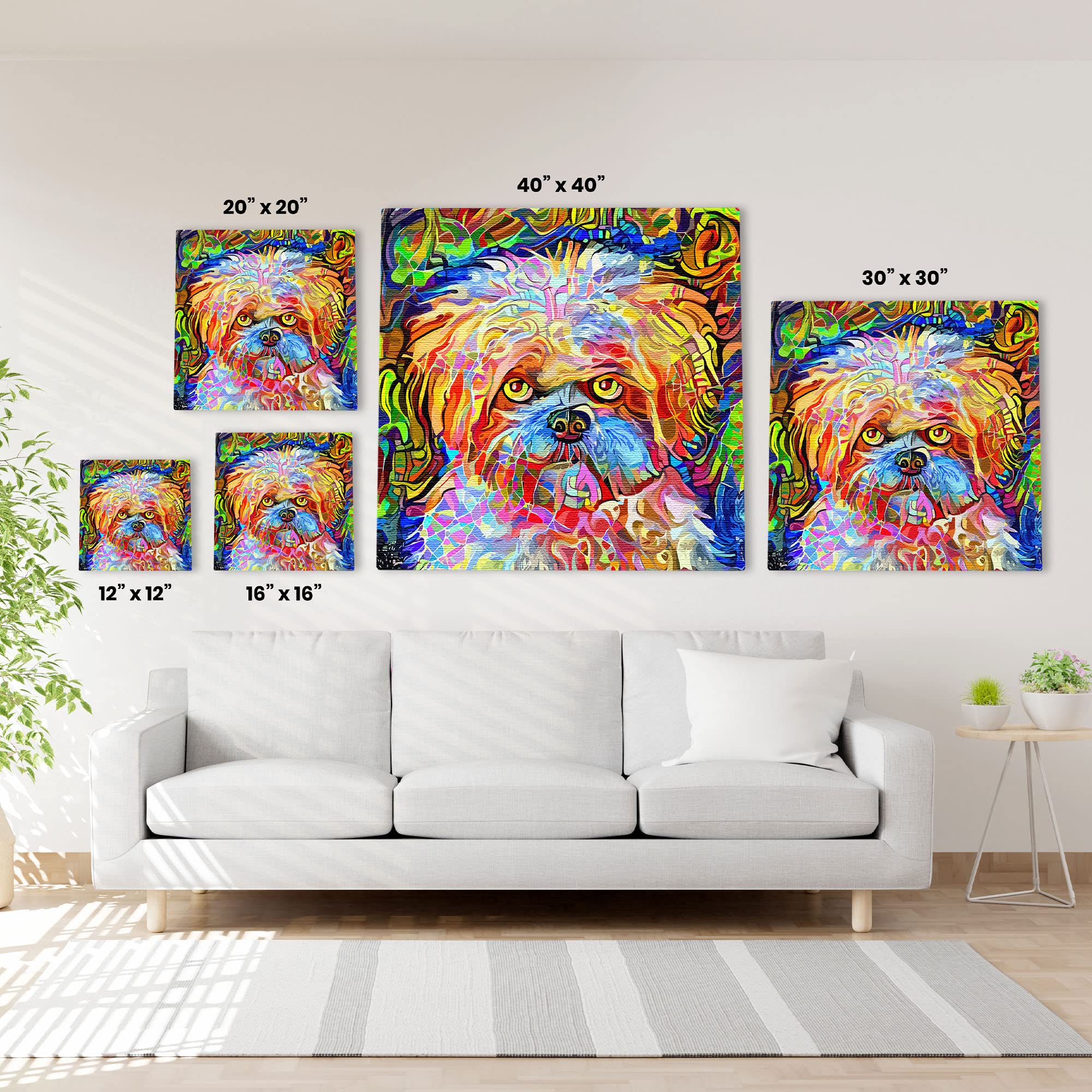 Colorful abstract Shih Tzu dog art with vibrant multicolor geometric patterns on multiple canvases above white sofa