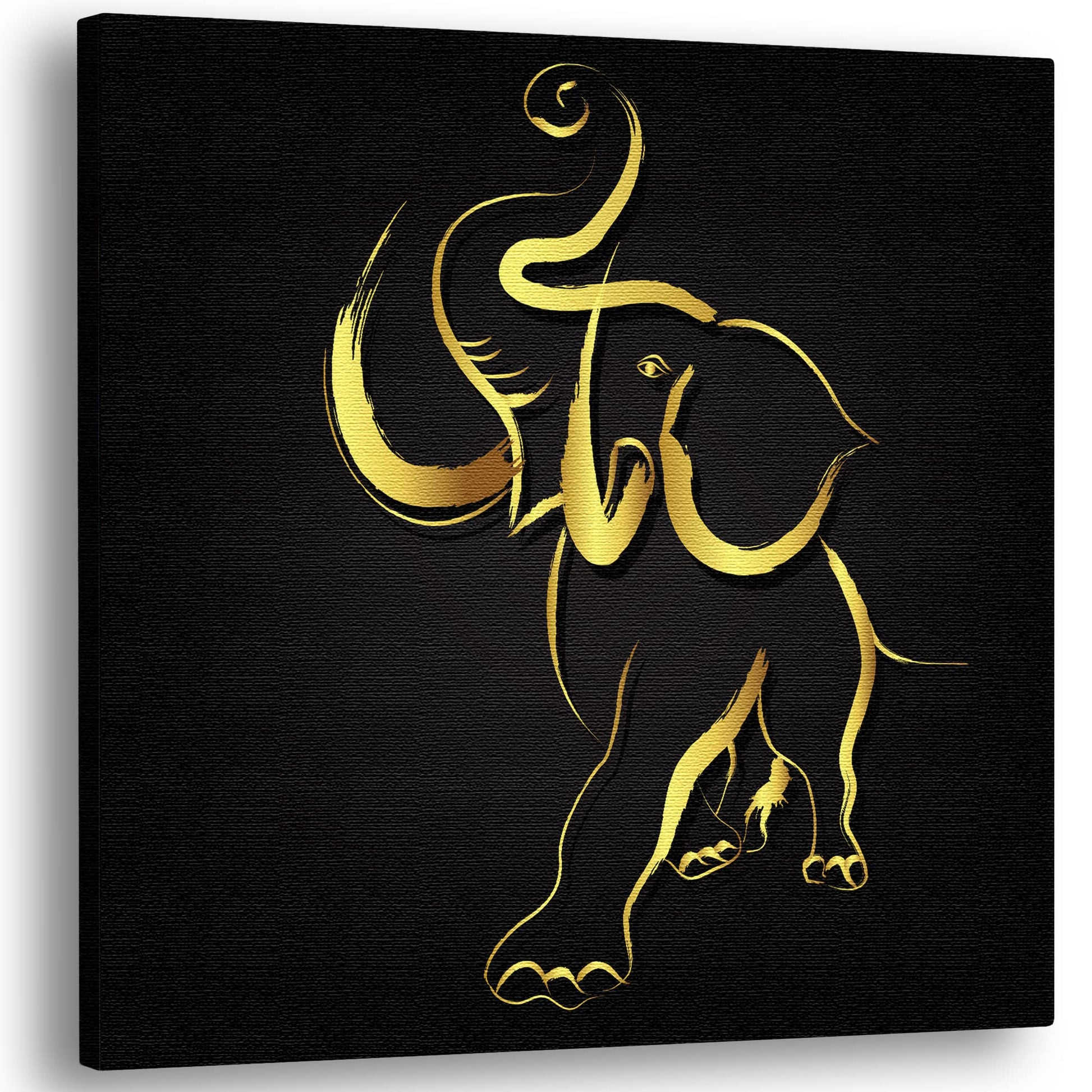 Abstract black and gold elephant art with fluid brush strokes on canvas against a textured black background