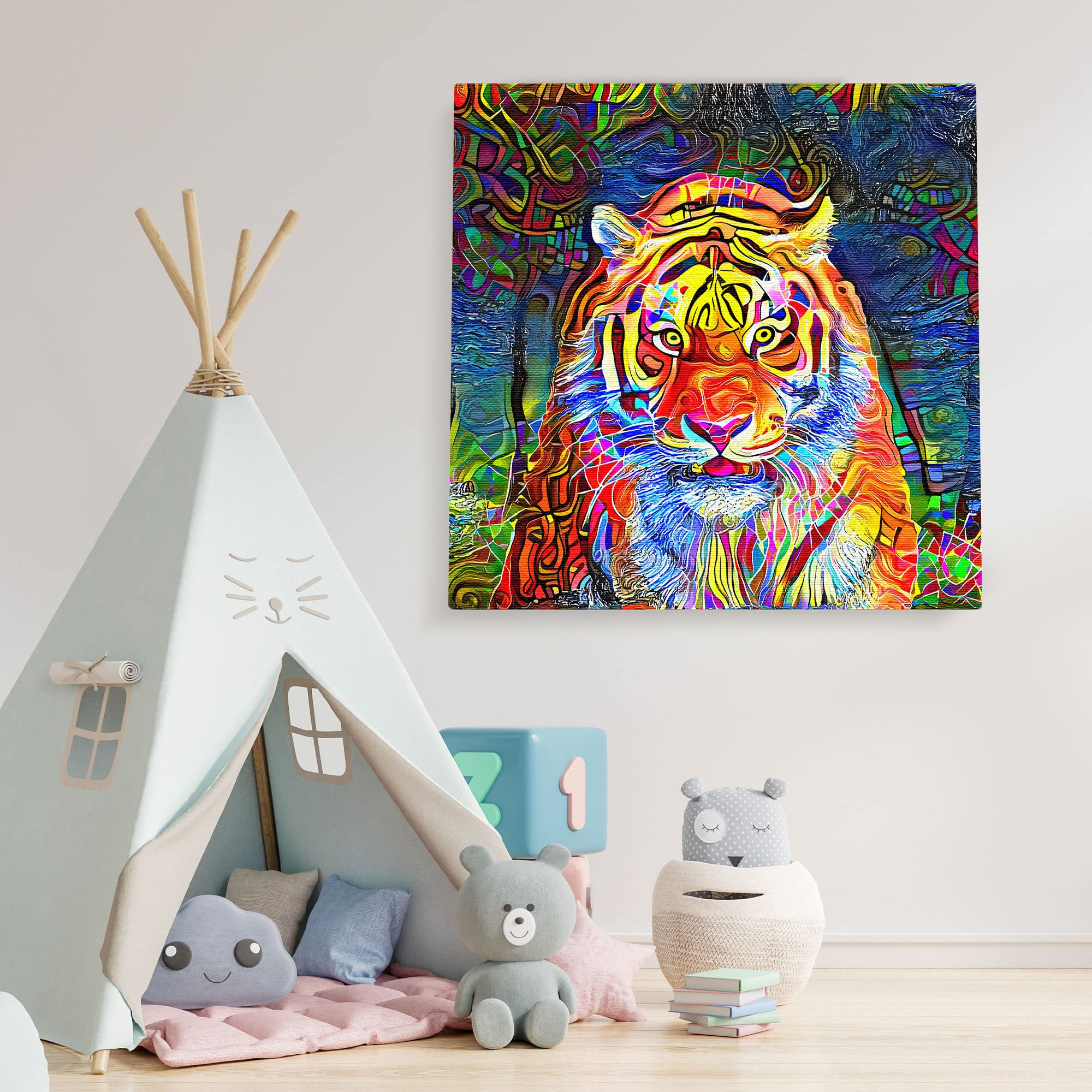 Abstract colorful tiger with vibrant geometric and swirling patterns on multicolor background printed on square canvas in playroom