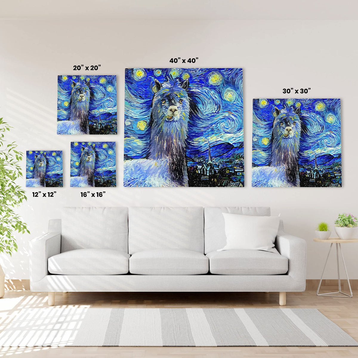 Humorous blue alpaca canvas artwork with swirling starry night sky in vibrant blues and yellows inspired by Van Gogh style