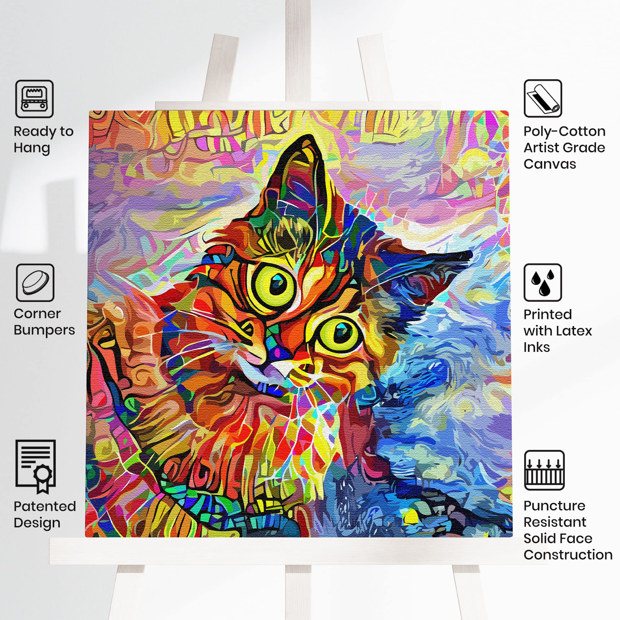 Abstract colorful cat wall art with vibrant oranges, yellows, blues, and purples in fluid painterly style on artist canvas