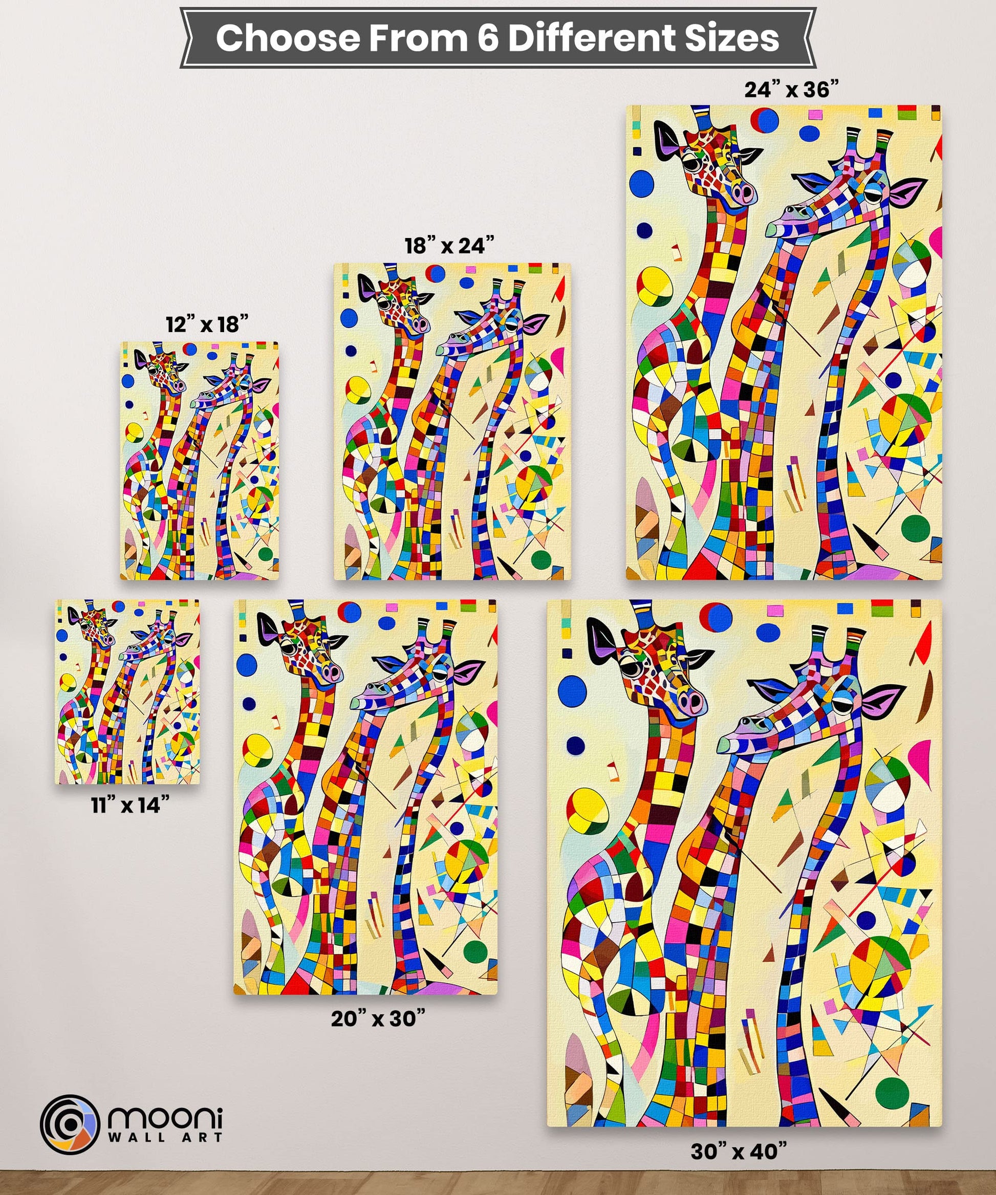 Colorful geometric giraffe artwork canvas in various sizes with vibrant abstract shapes in modern minimalist wall decor setting
