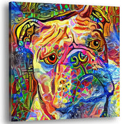 Colorful abstract English Bulldog art with vibrant multicolor mosaic brush strokes on square canvas in bright detail