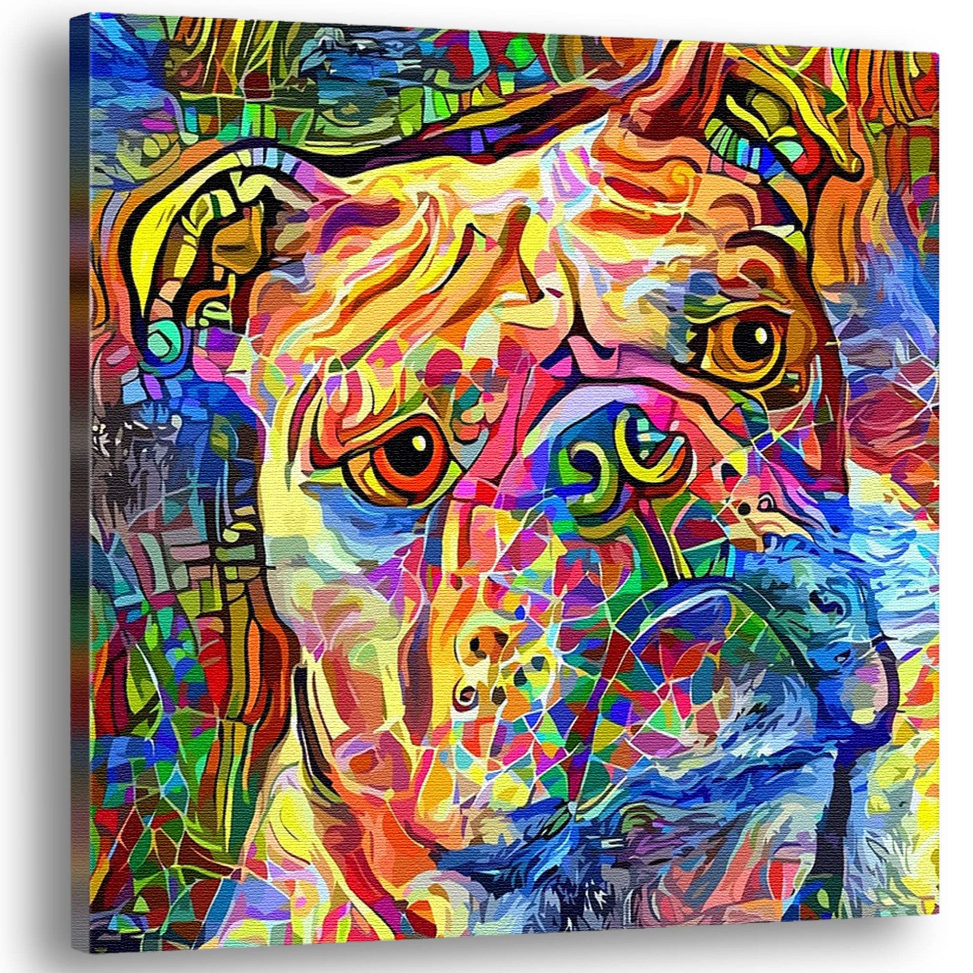 Colorful abstract English Bulldog art with vibrant multicolor mosaic brush strokes on square canvas in bright detail