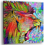Colorful abstract roaring lion artwork on square canvas with intricate patterns displayed on white background