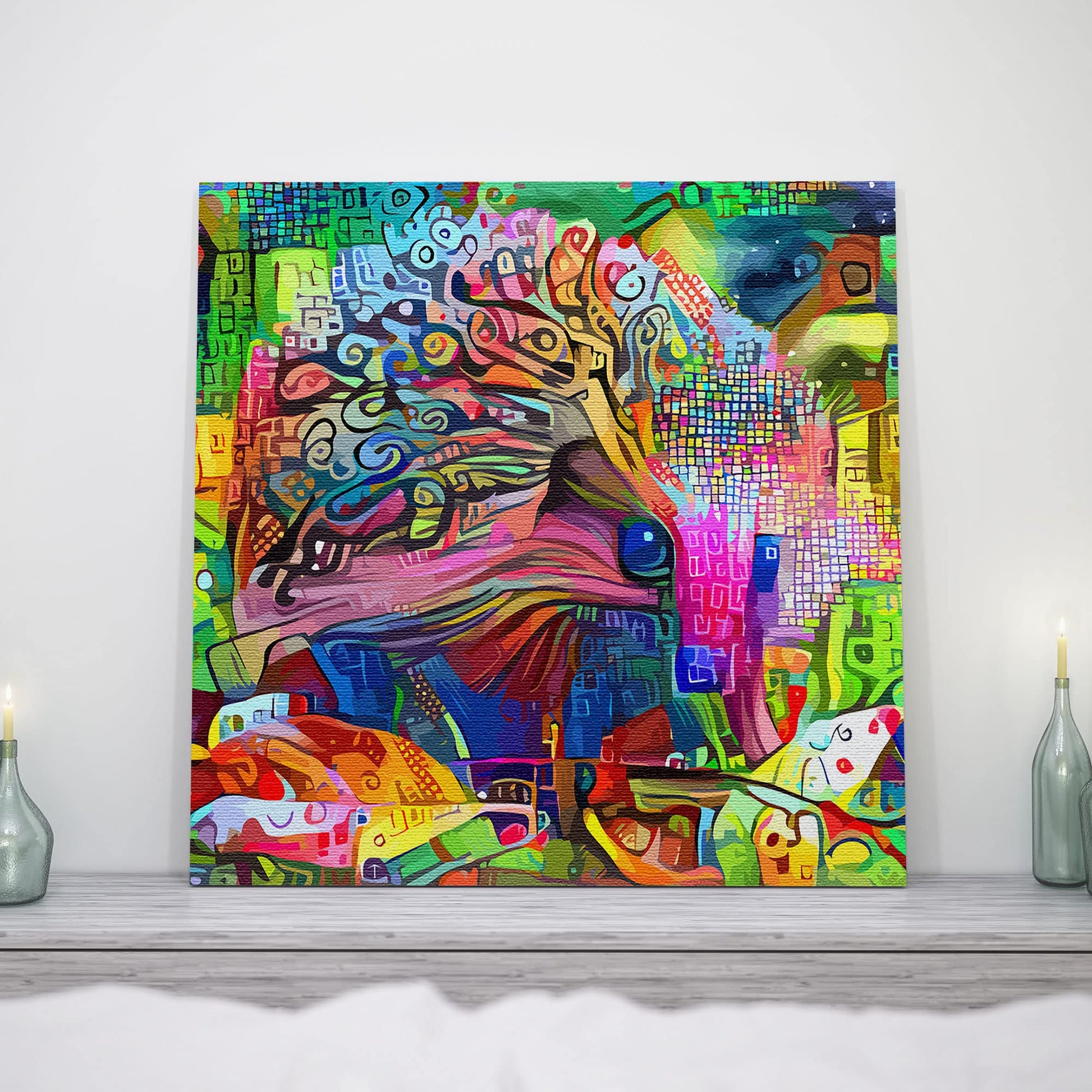 Vibrant colorful abstract cute hedgehog woodland animal artwork on canvas in modern minimalist living room decor setting