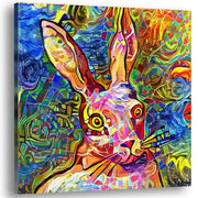 Abstract colorful bunny rabbit with vibrant swirling geometric and patterned digital shapes on square canvas wall art
