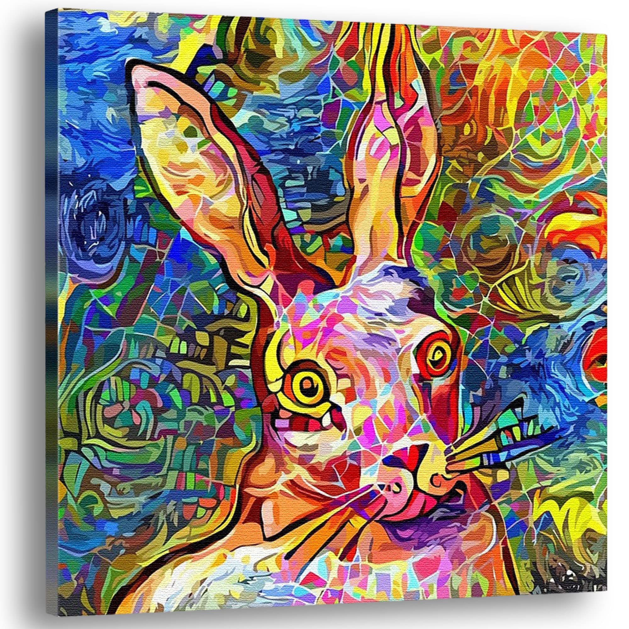 Abstract colorful bunny rabbit with vibrant swirling geometric and patterned digital shapes on square canvas wall art