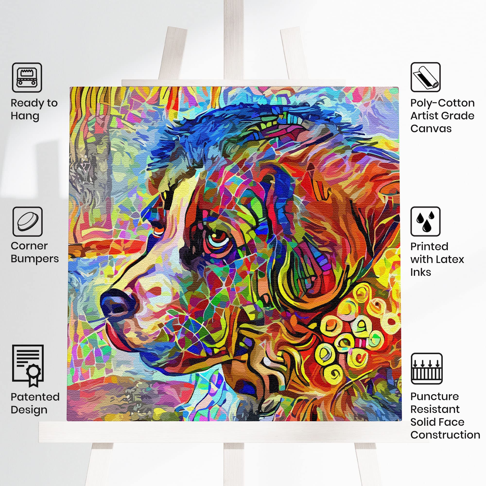 Colorful abstract Newfoundland dog art with vibrant multicolor geometric patterns on square canvas displayed on white easel
