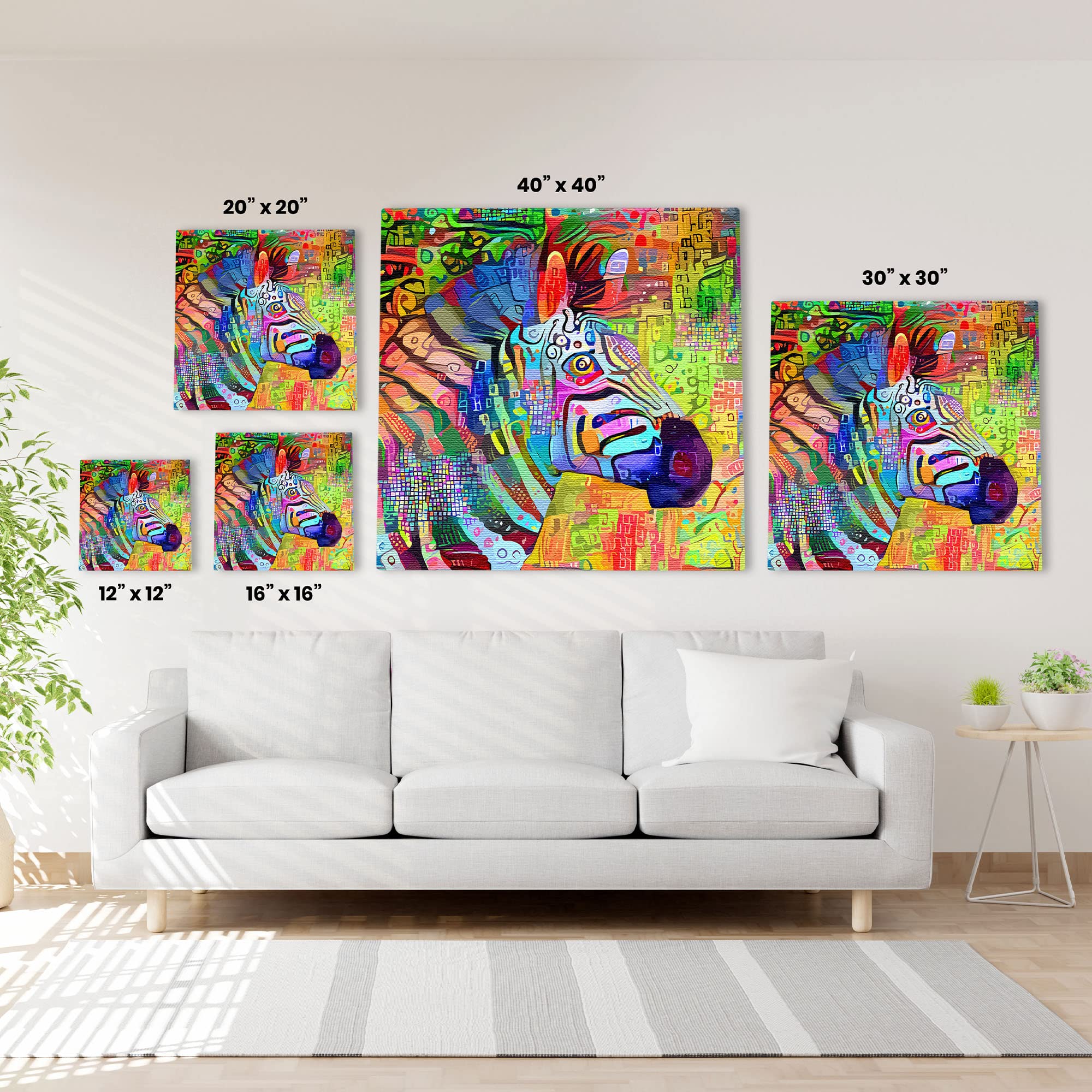 Vibrant multicolored abstract zebra head printed on canvas shown in five different sizes hanging above white sofa in modern living room