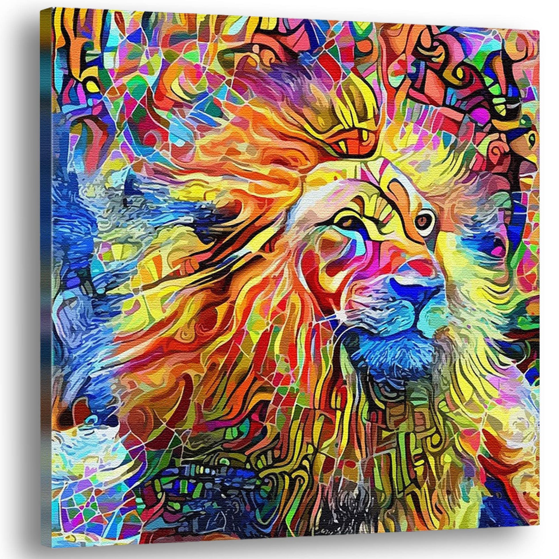 Colorful abstract lion artwork on square canvas with vibrant geometric patterns and bold brushstrokes