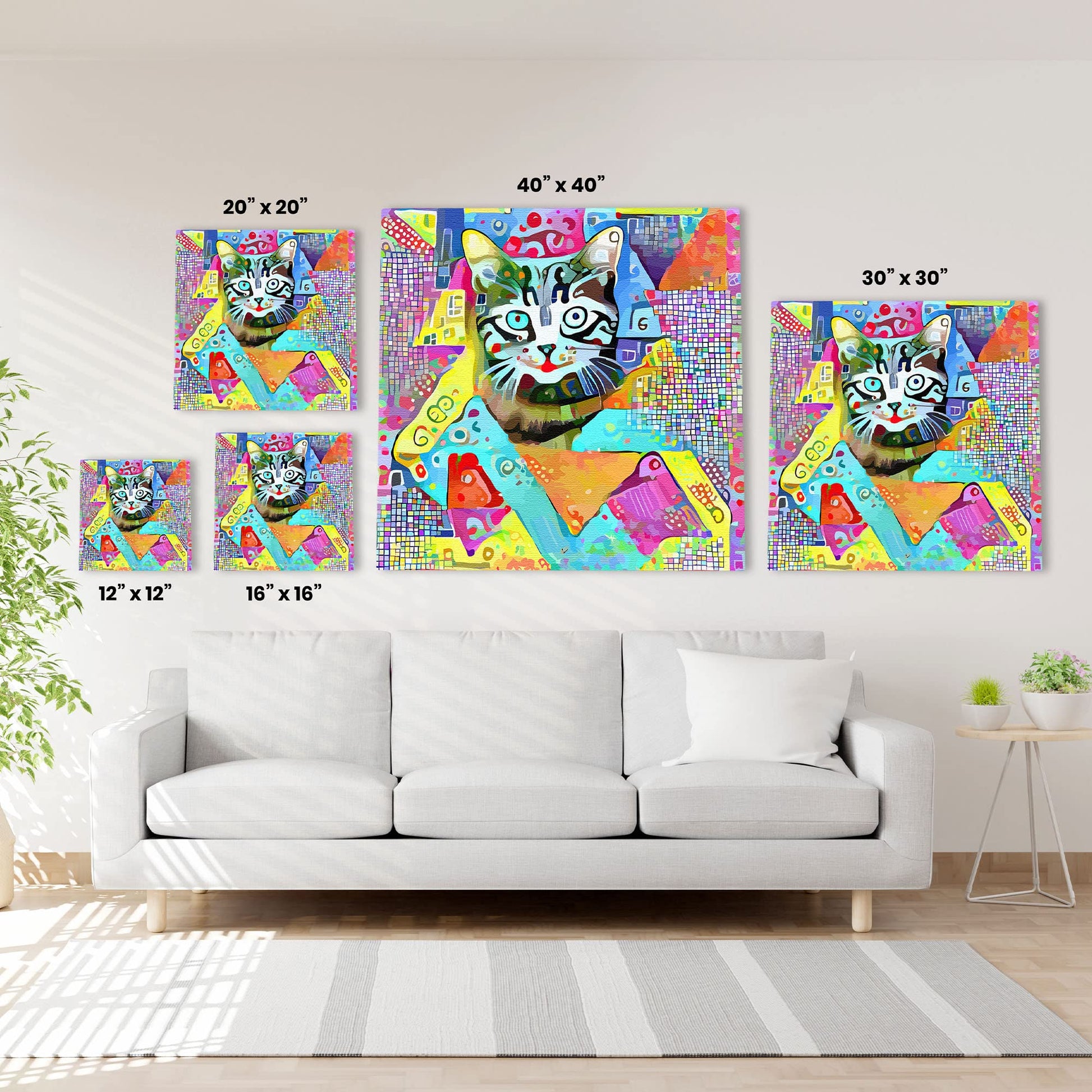 Colorful geometric cat wall art with bright abstract patterns and playful shapes on vibrant multicolor canvas above white sofa