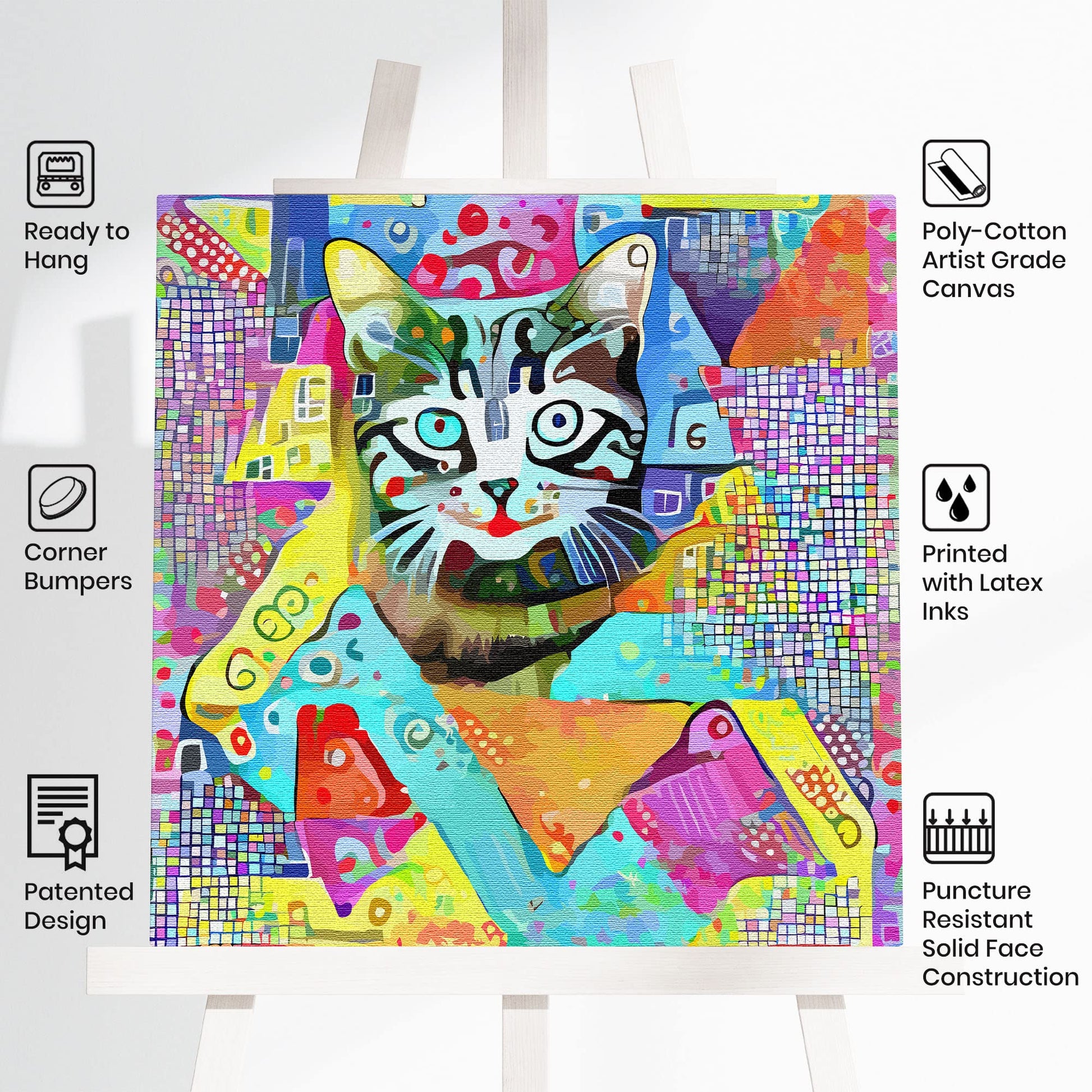 Colorful geometric cat wall art with playful patterns and bright shapes on vibrant multicolor canvas on easel display