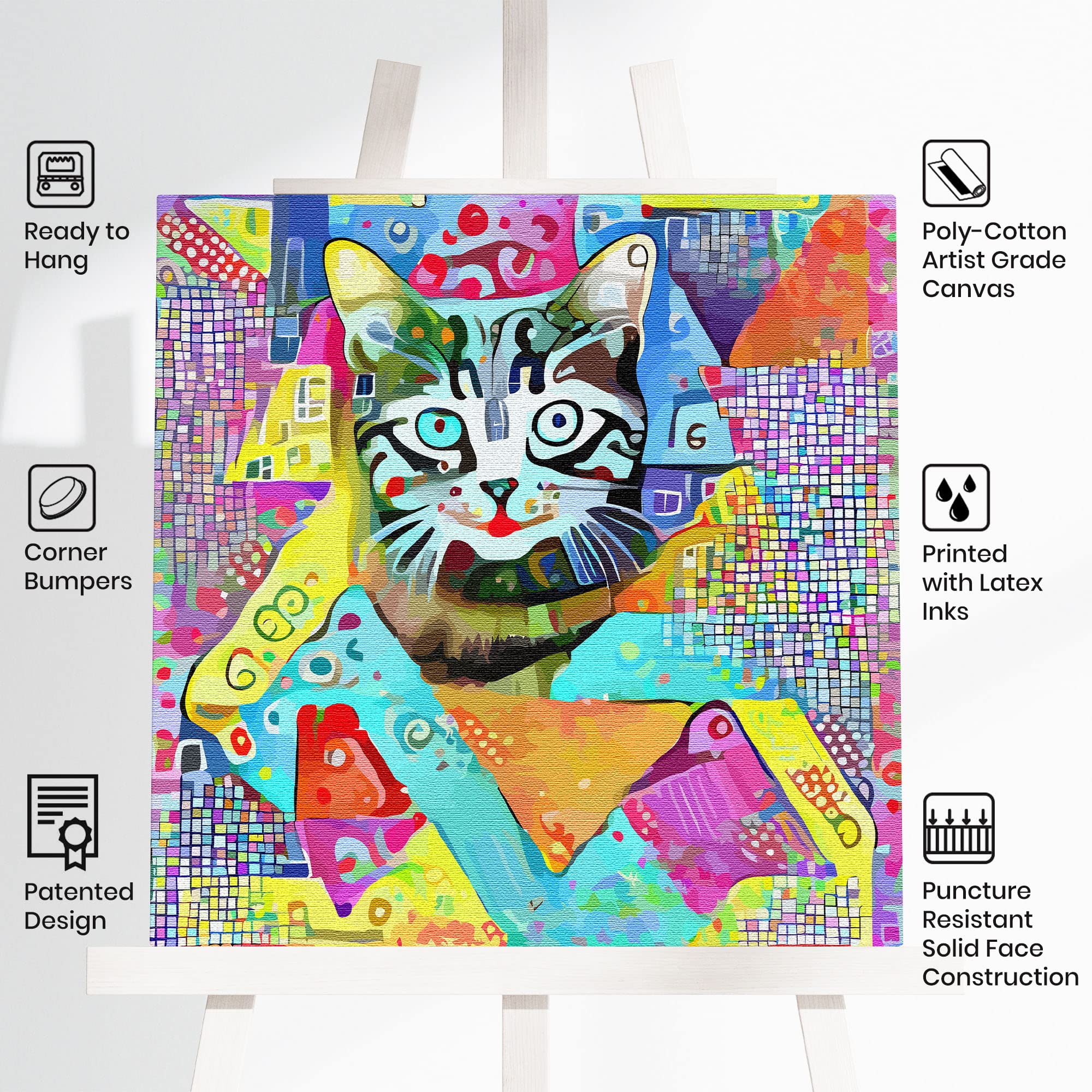 Colorful geometric cat wall art with playful patterns and bright shapes on vibrant multicolor canvas on easel display