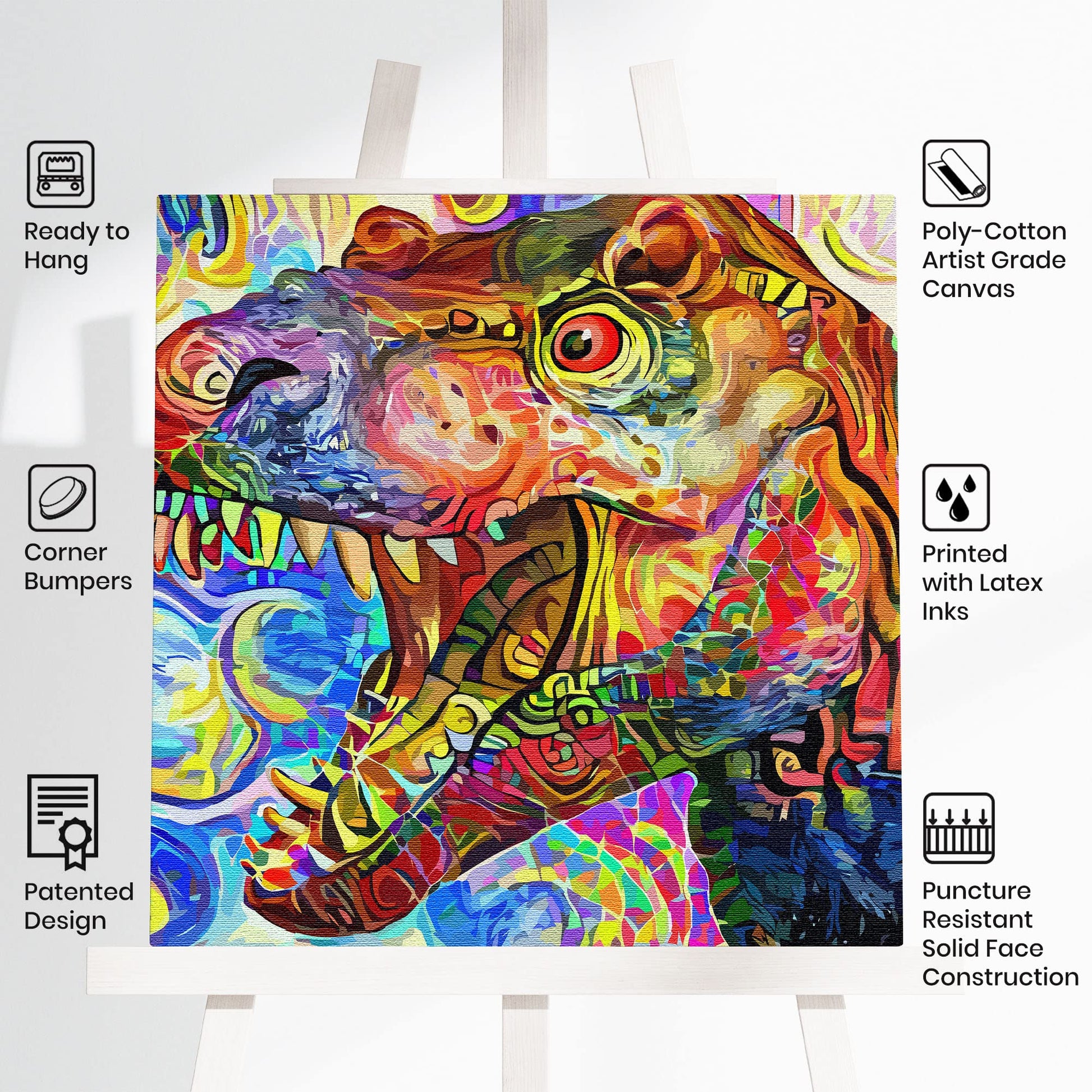 Bright colorful abstract T-Rex dinosaur wall art with vibrant geometric patterns on square canvas displayed on easel