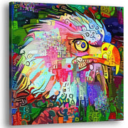 Colorful abstract eagle wall art painting with vibrant geometric and digital patterns on square canvas with multicolor background