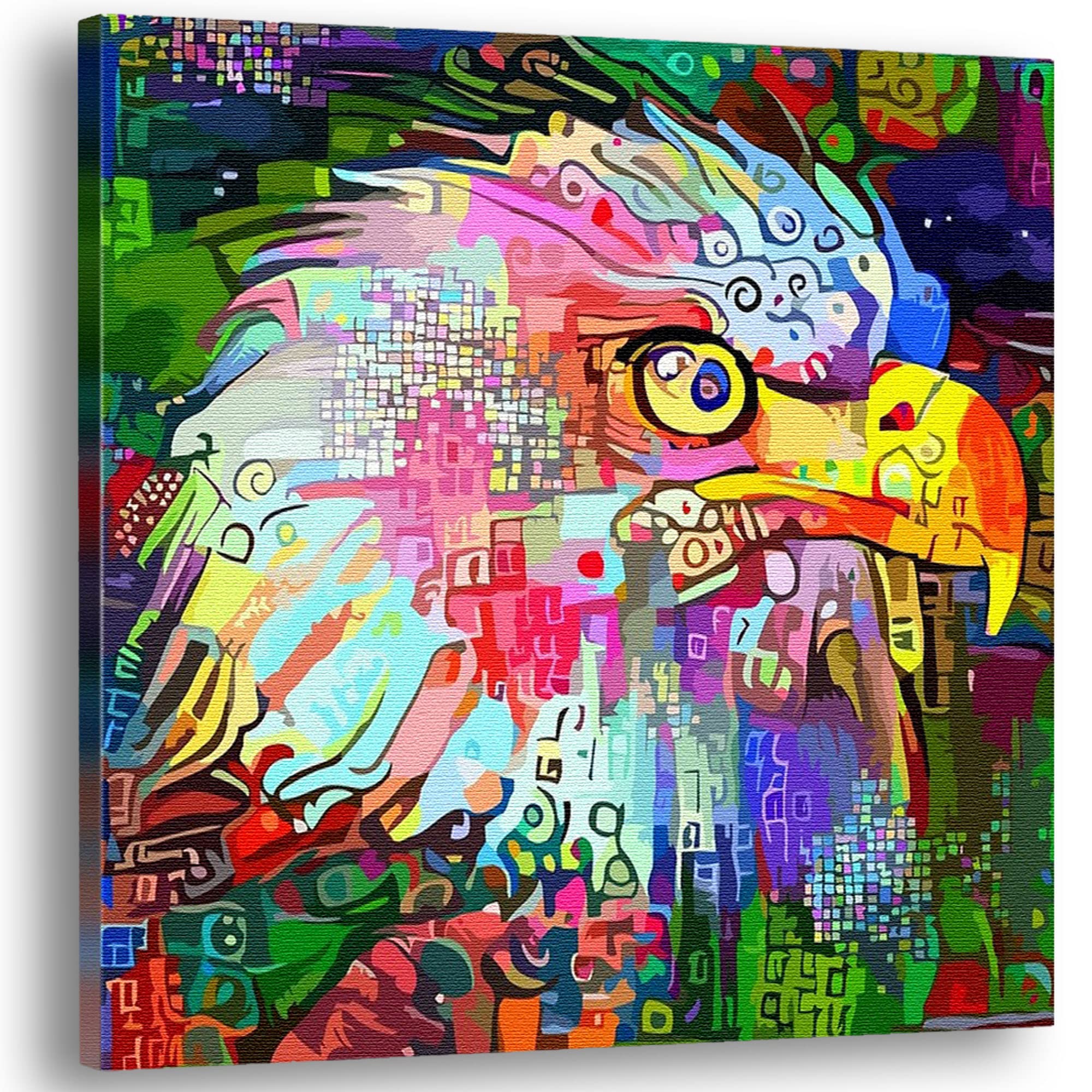 Colorful abstract eagle wall art painting with vibrant geometric and digital patterns on square canvas with multicolor background