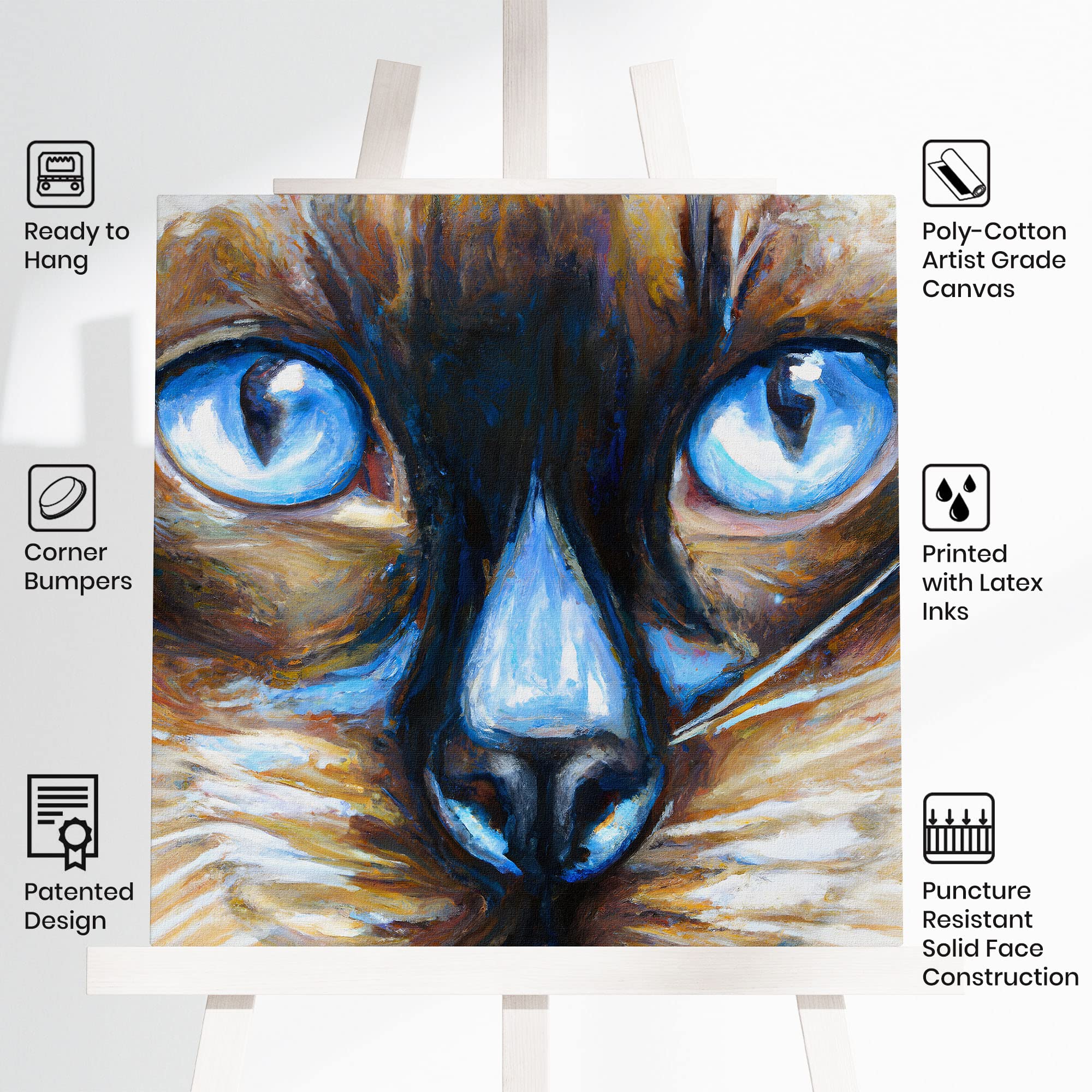 Close-up Siamese cat wall art drawing with bright blue eyes and detailed brush strokes on square canvas on easel