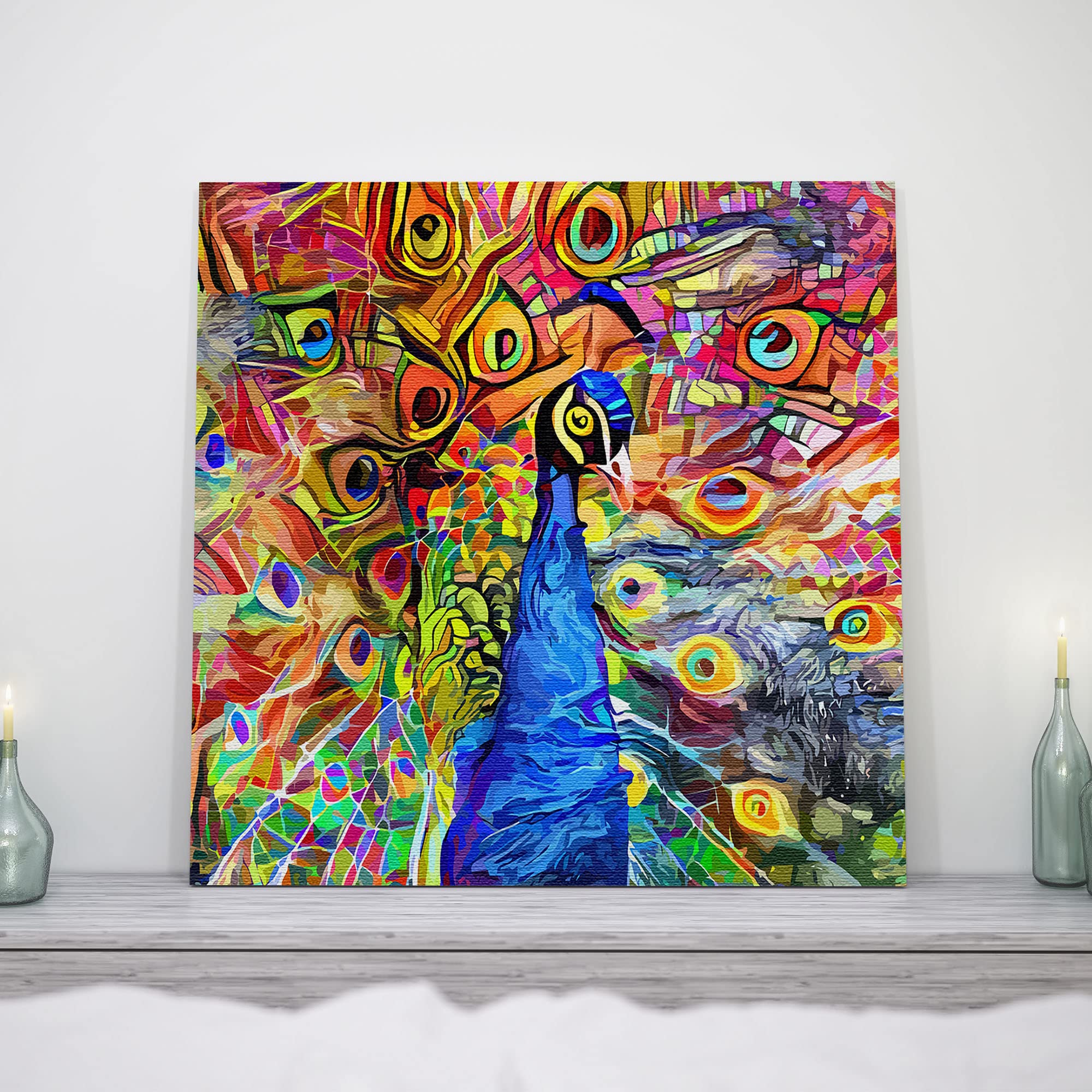 Colorful abstract peacock with vibrant geometric and swirling patterns on square wall art above wooden mantel