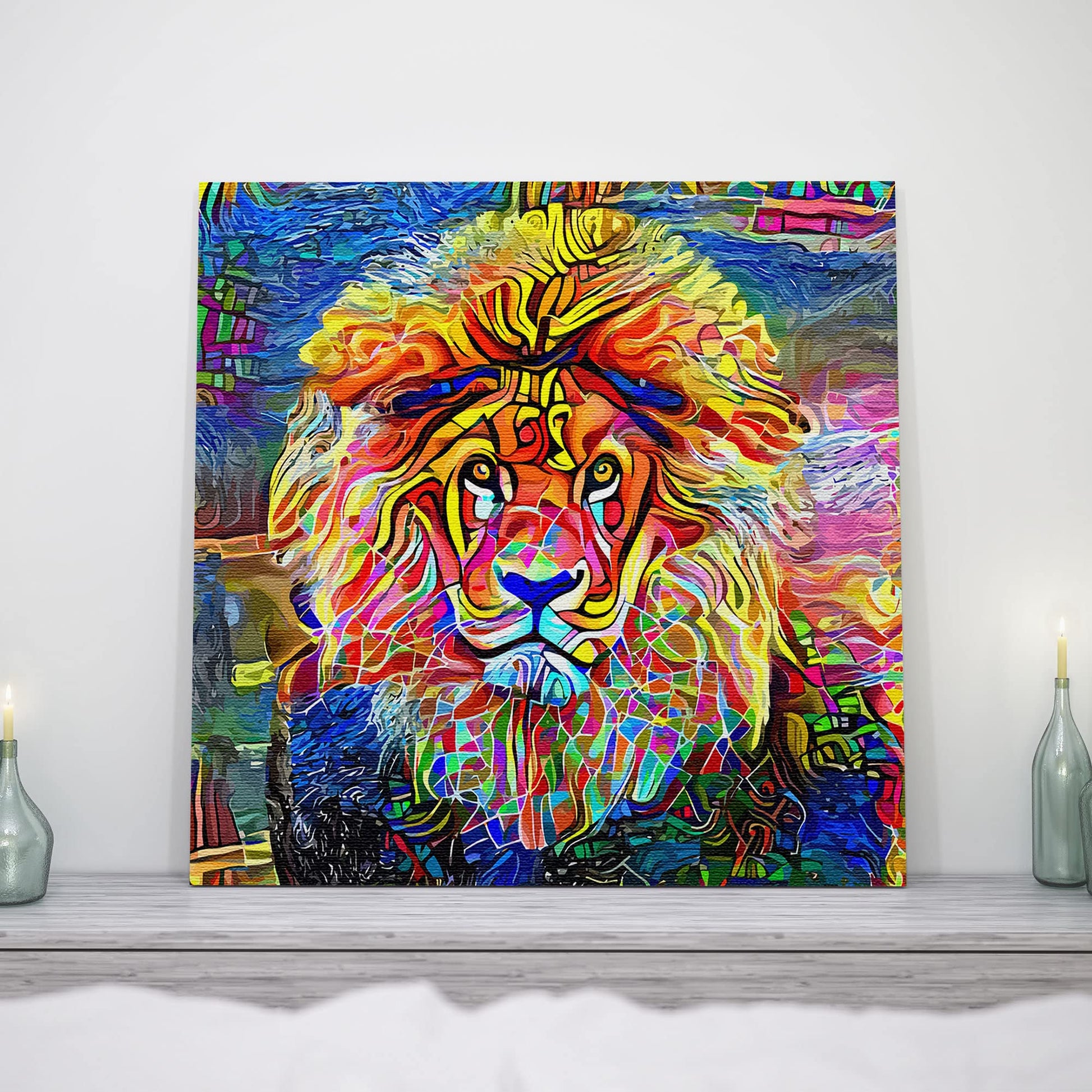 Vibrant colorful lion wall art with abstract geometric patterns on textured canvas displayed on mantel with candles